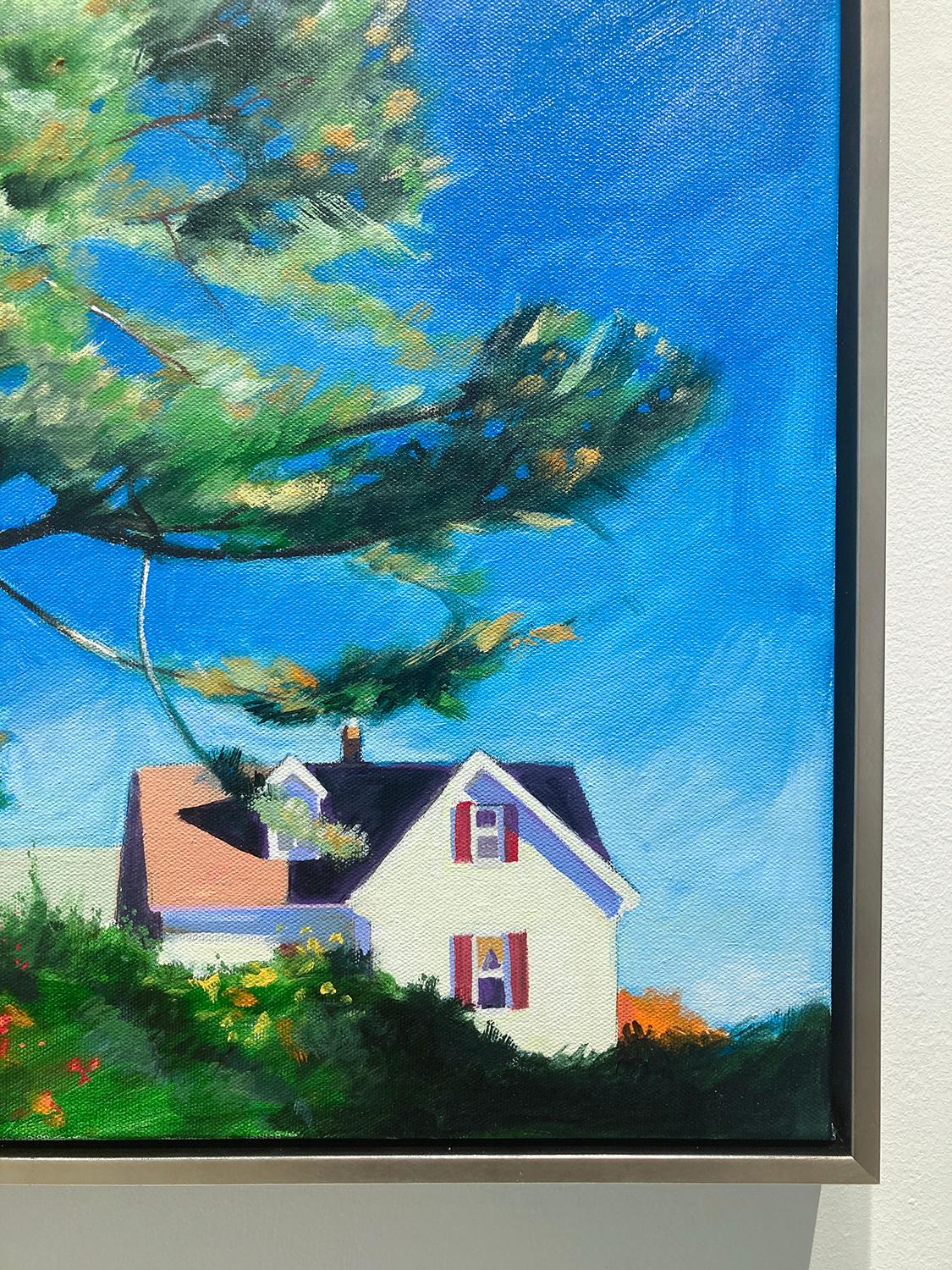 Modern landscape painting in the style of Edward Hopper of a white house against a blue sky and tall green pine tree
