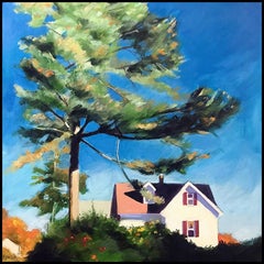 Tall Pine (Contemporary Landscape Painting, White Country Home & Blue Sky)