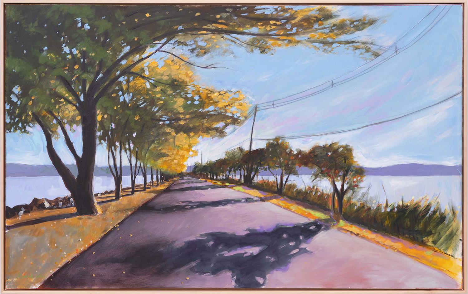 James Kimak Landscape Painting - The Pier, October (Colorful Contemporary Hopper-esque Cape Cod Landscape)