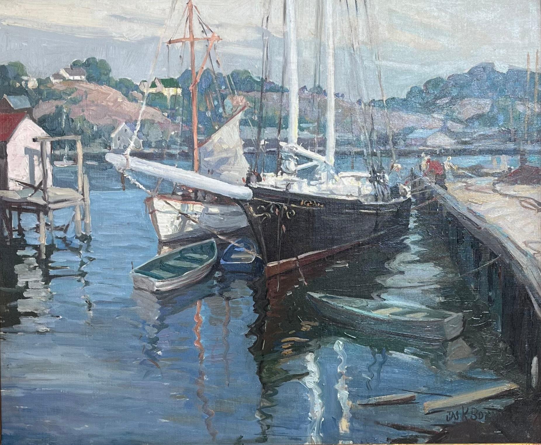 Paysage à l'huile de voiliers au chantier naval intitulé 