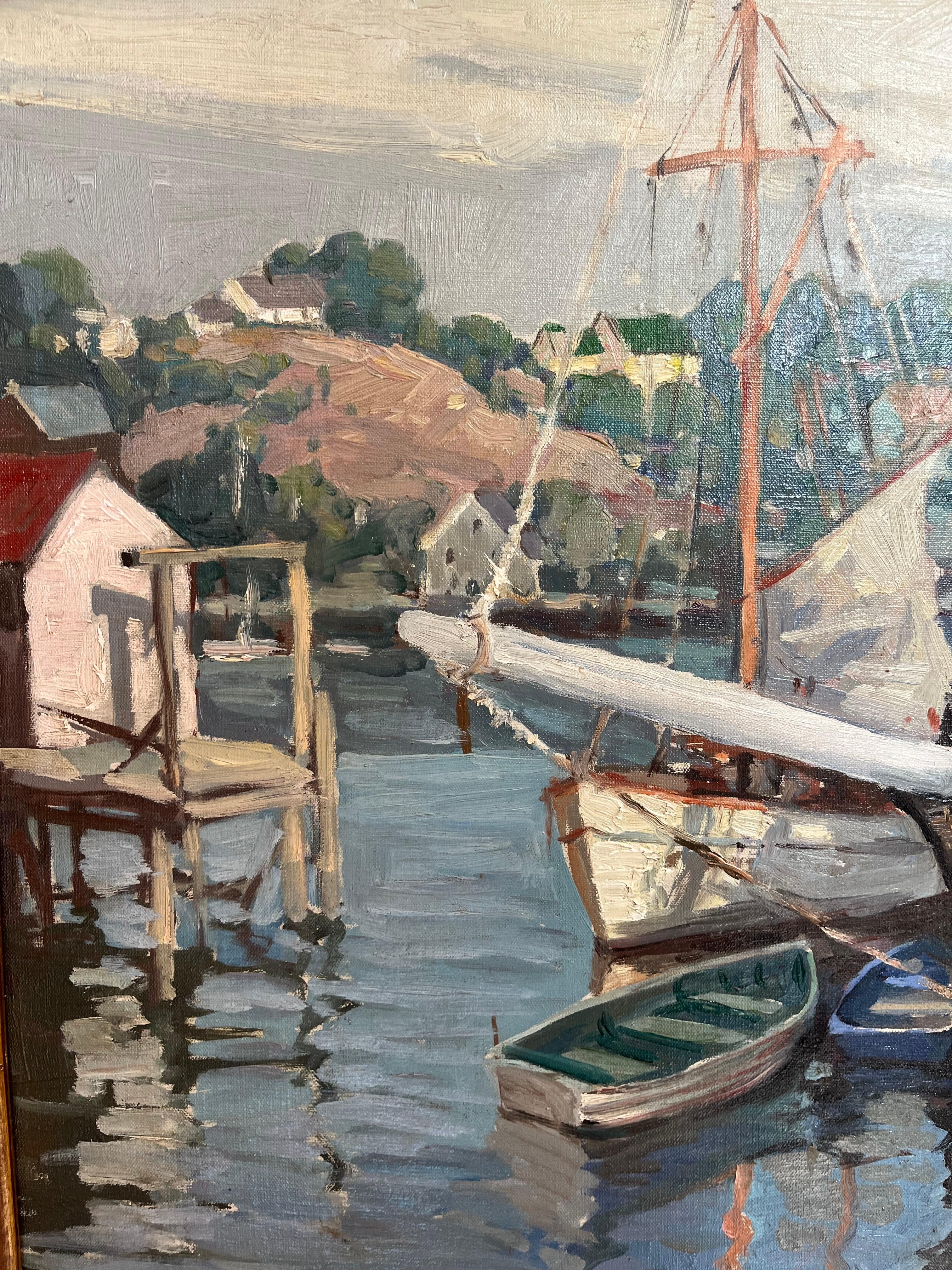 Paysage à l'huile de voiliers au chantier naval intitulé 