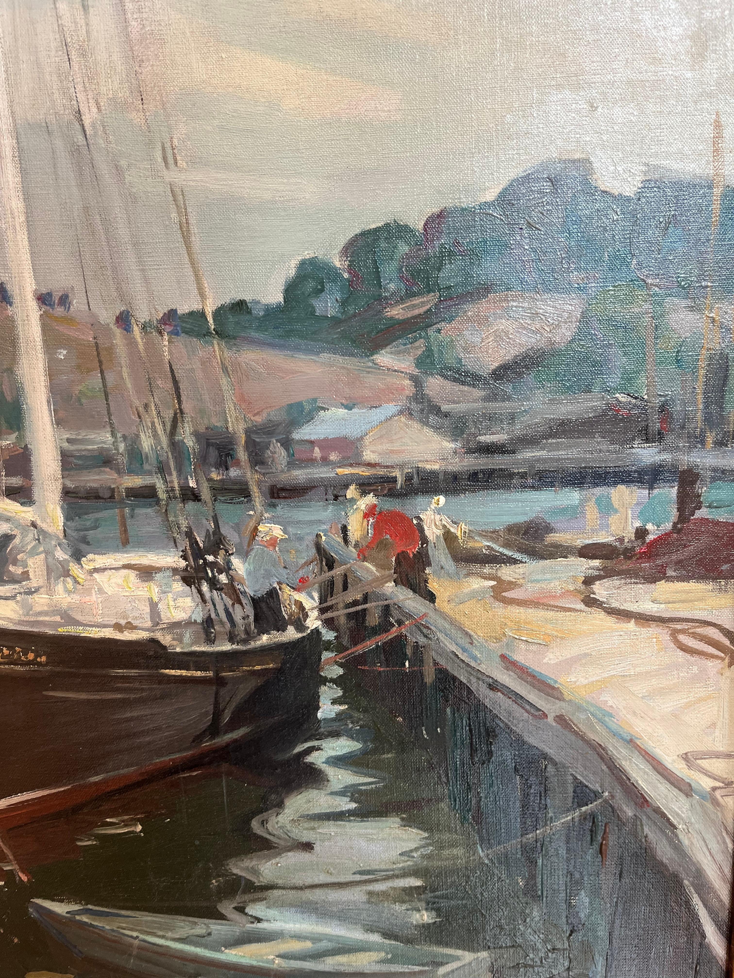 Paysage à l'huile de voiliers au chantier naval intitulé 