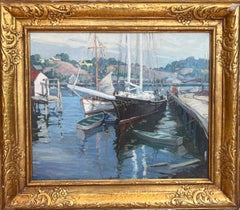 Paysage à l'huile de voiliers au chantier naval intitulé "Gloucester Boats"