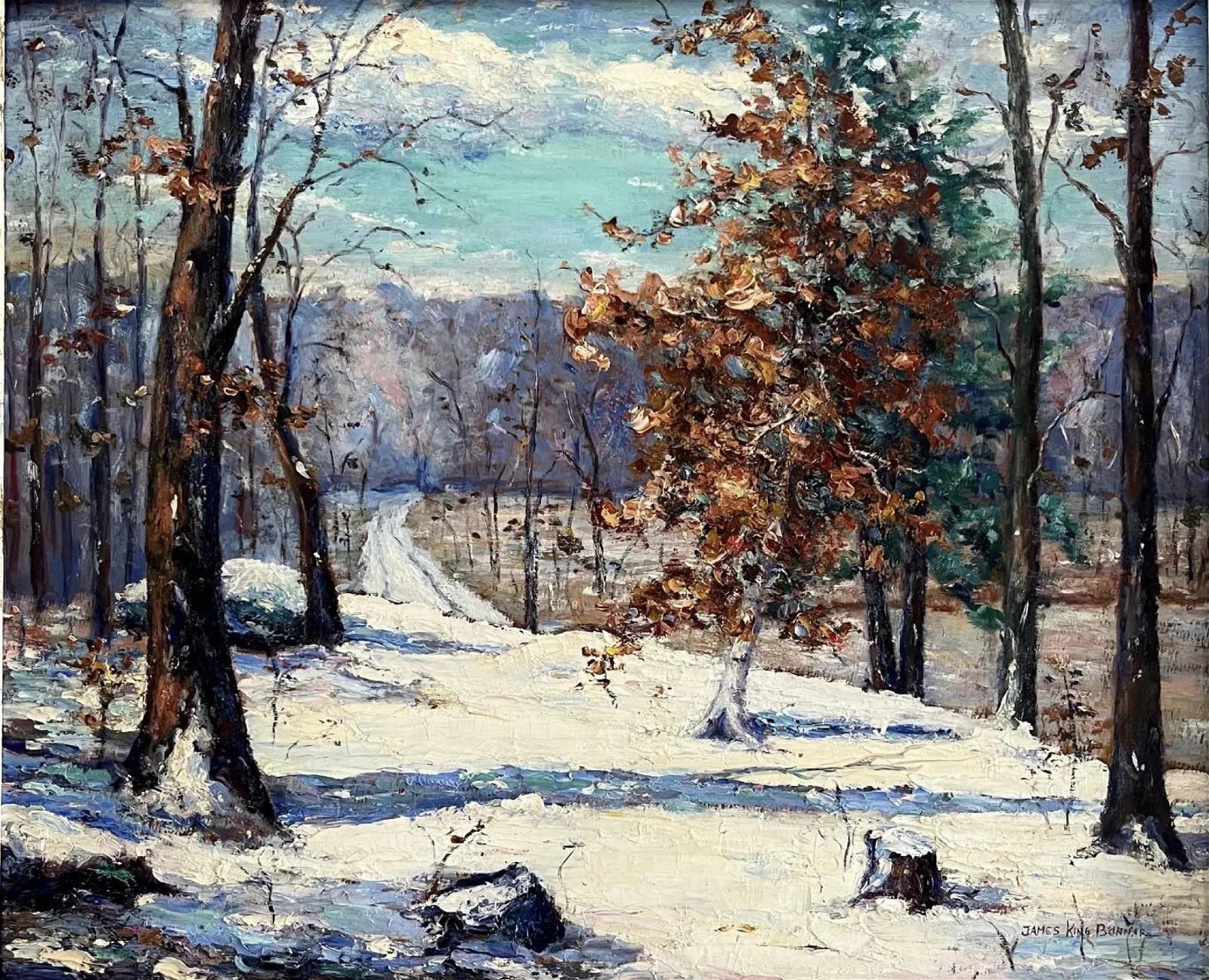 Sans titre - [Scène d'hiver de la Nouvelle-Angleterre] - Marron Landscape Painting par James King Bonnar