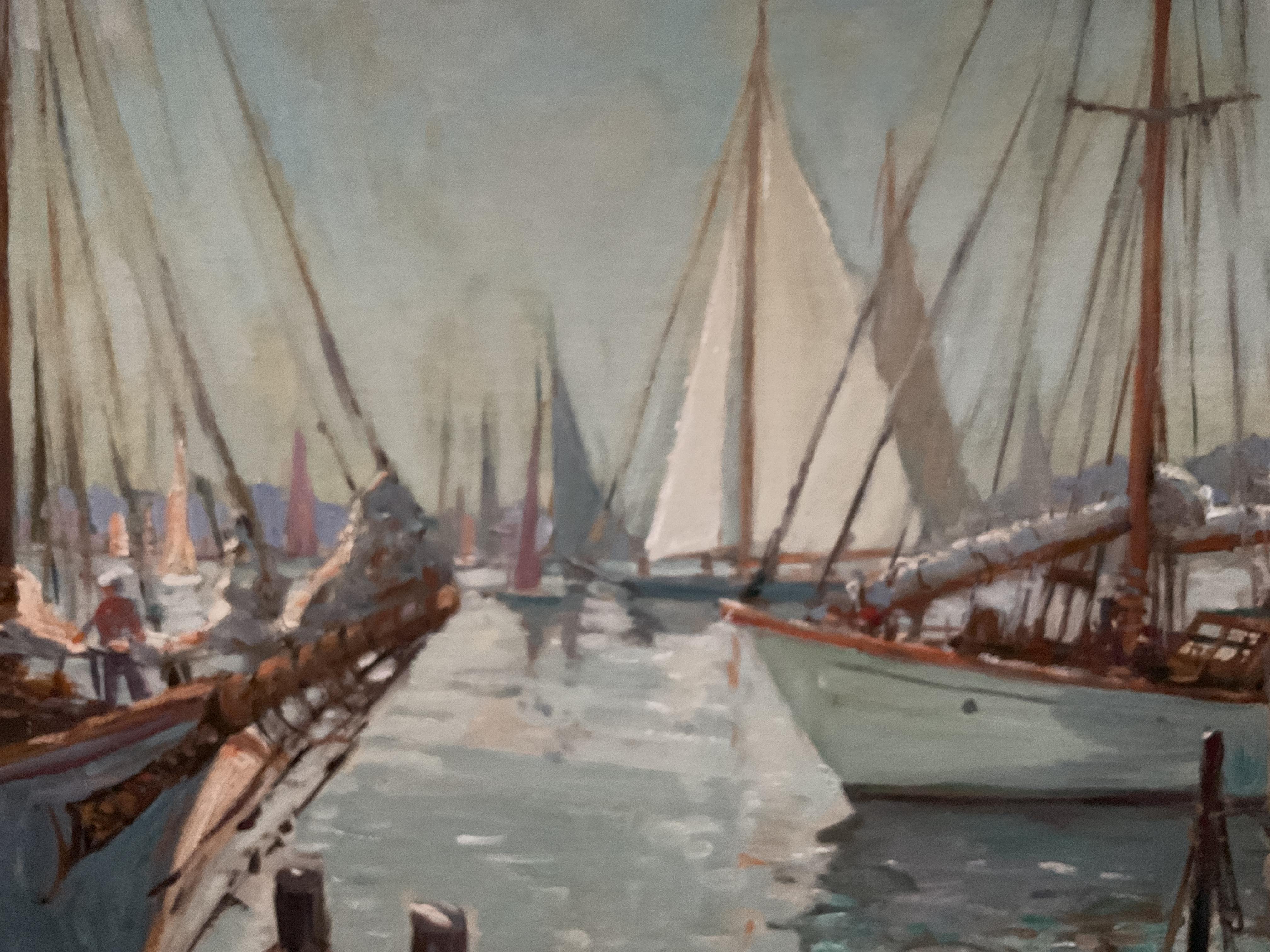 Vintage Edgartown Harbor, Martha's Vineyard Oil Painting ; A James King Bonnar 1960 en vente 2