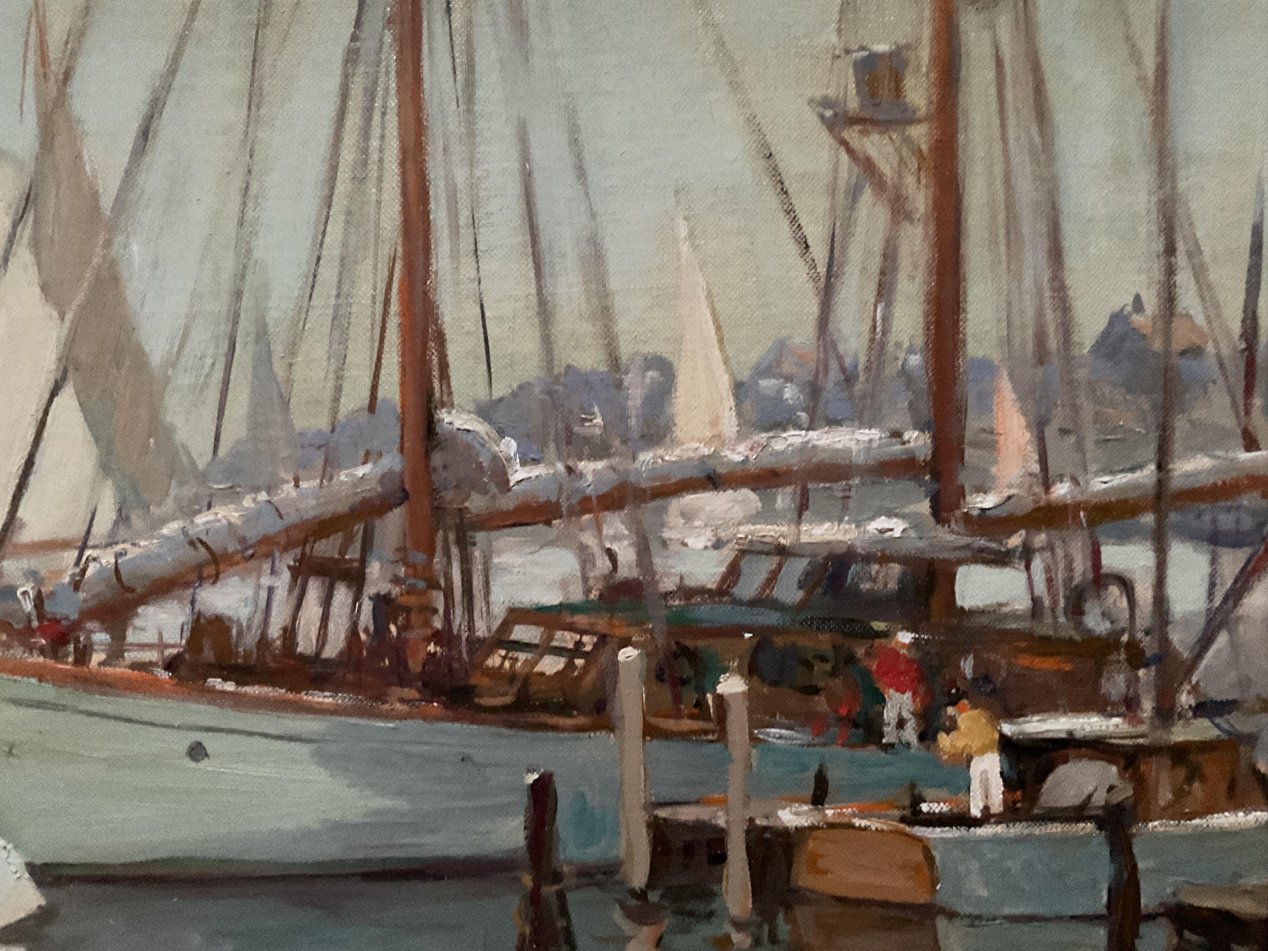 Vintage Edgartown Harbor, Martha's Vineyard Oil Painting ; A James King Bonnar 1960 en vente 3