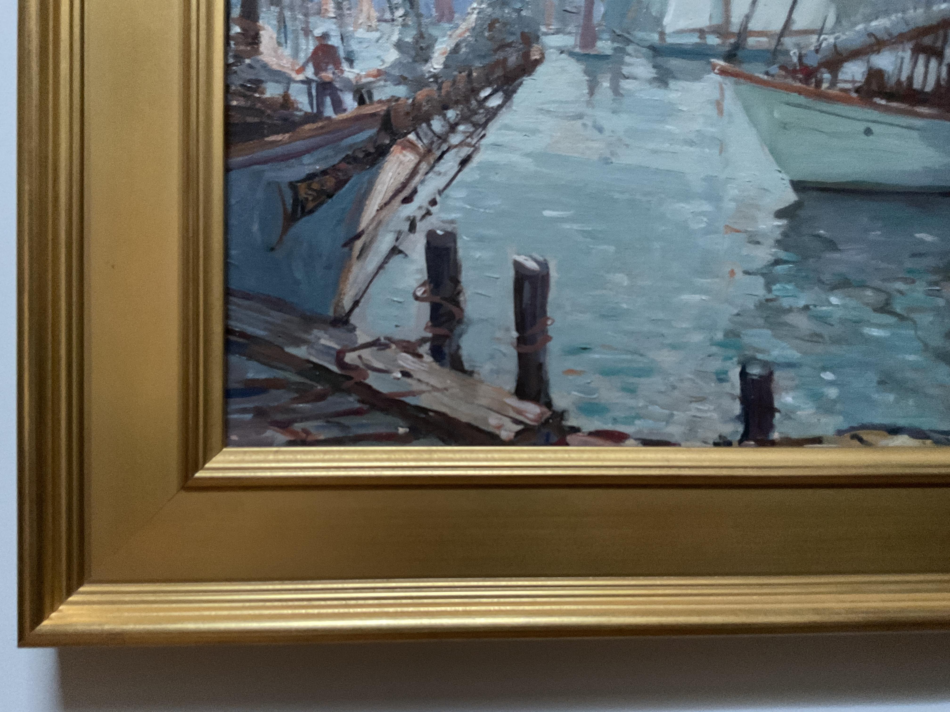 Vintage Edgartown Harbor, Martha's Vineyard Oil Painting ; A James King Bonnar 1960 en vente 4