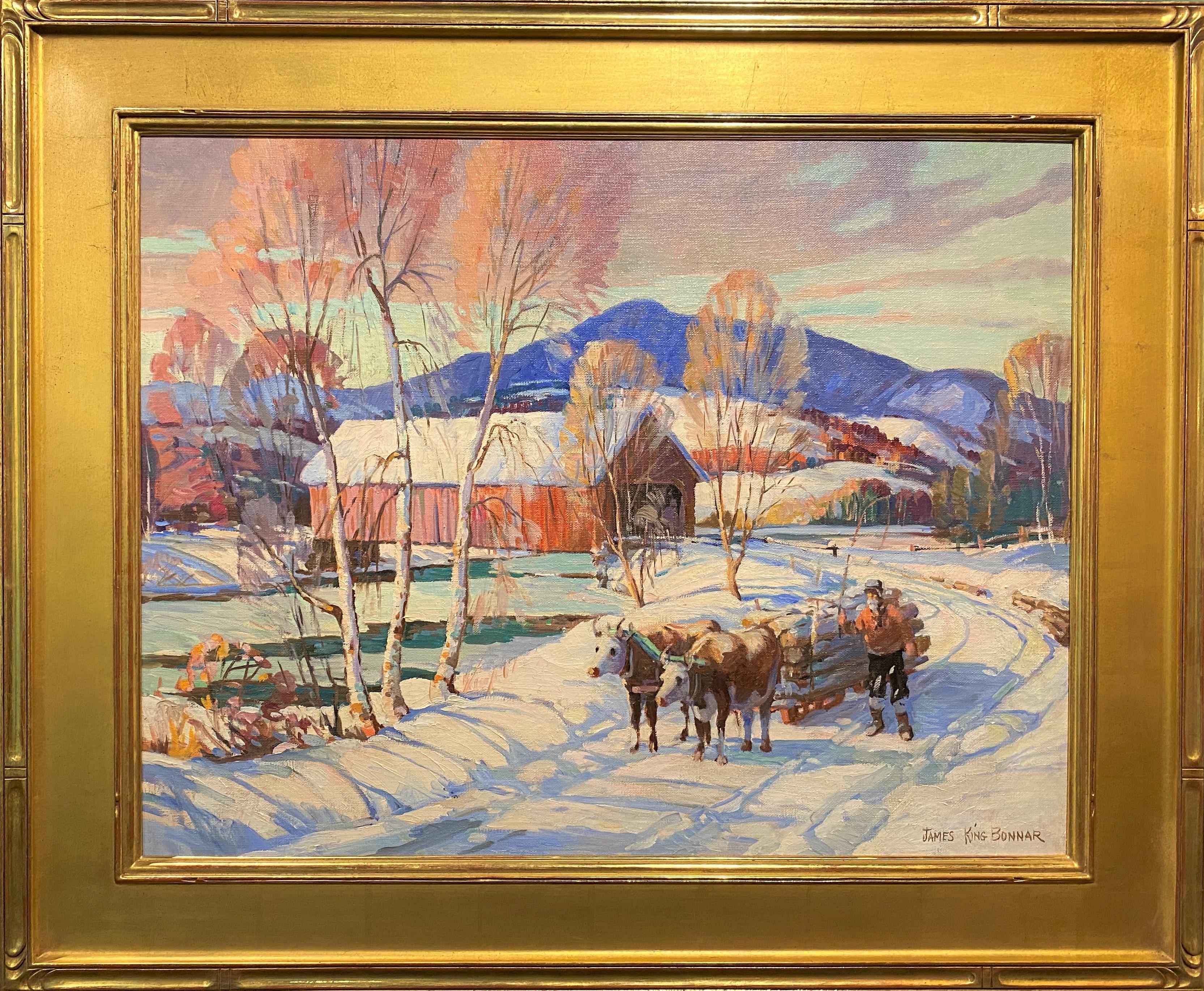 James King Bonnar Landscape Painting - Winter Scene With Covered Bridge & Oxen Logging
