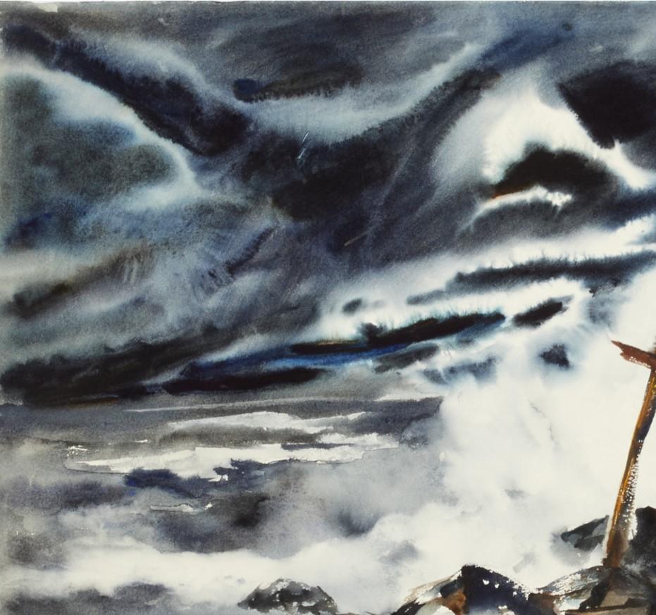 James Kirk Merrick (americano, 1905-1985), Stormy Seascape, acquerello su carta, firmato 