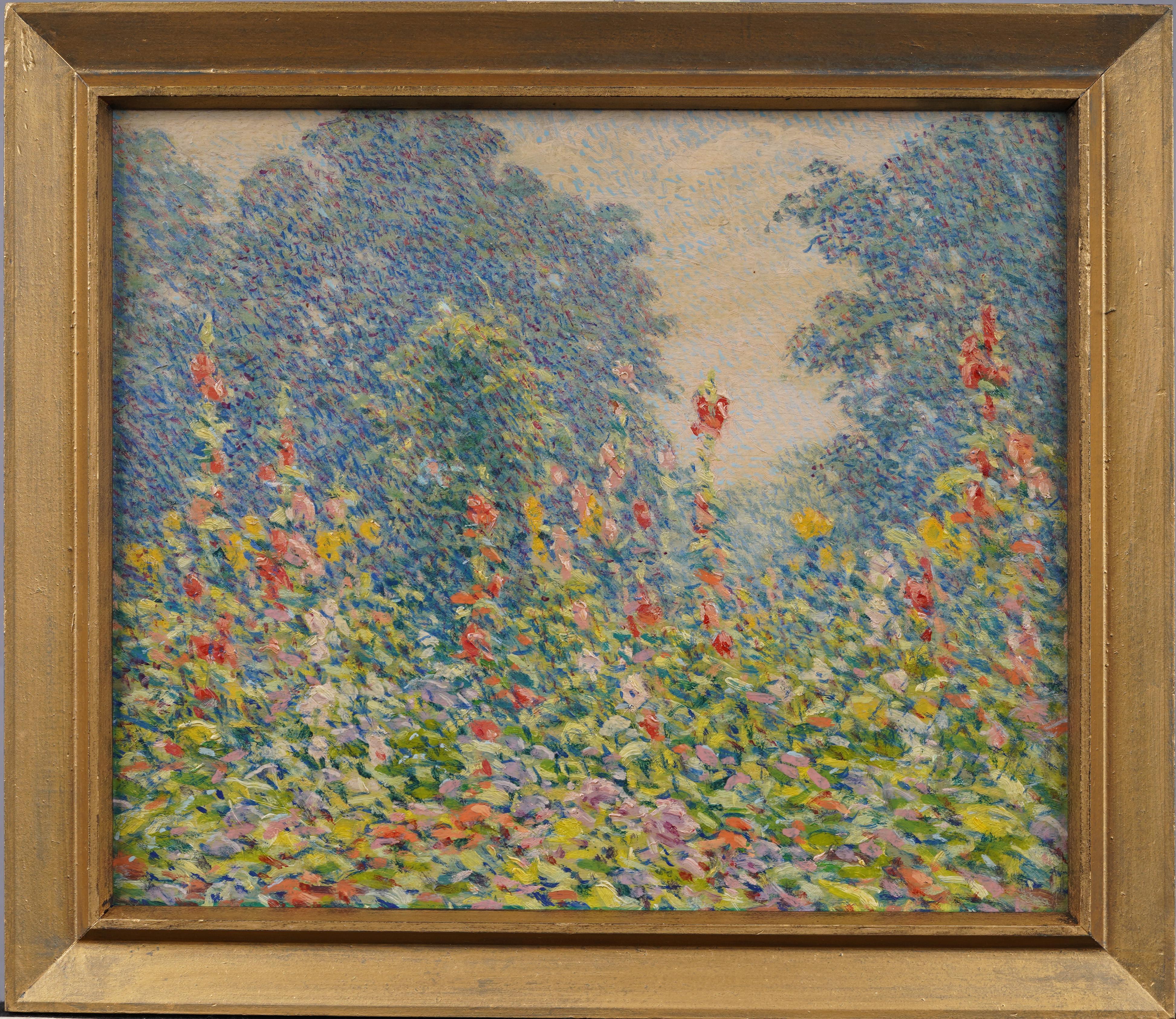 Antiguo cuadro al óleo impresionista americano enmarcado Paisaje de jardín con flores silvestres - Painting de James Knox