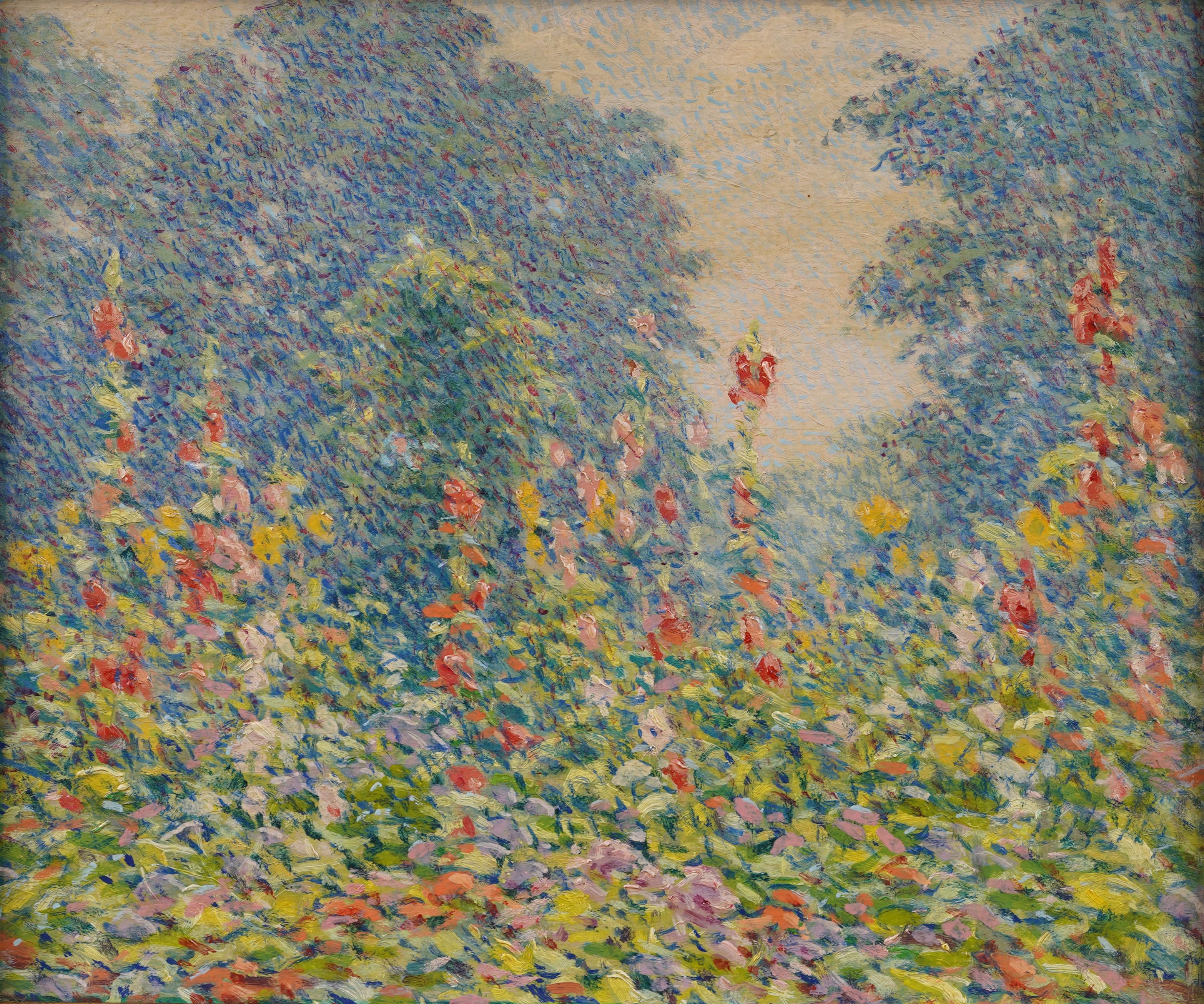 Antiguo cuadro al óleo impresionista americano enmarcado Paisaje de jardín con flores silvestres - Painting Impresionista de James Knox