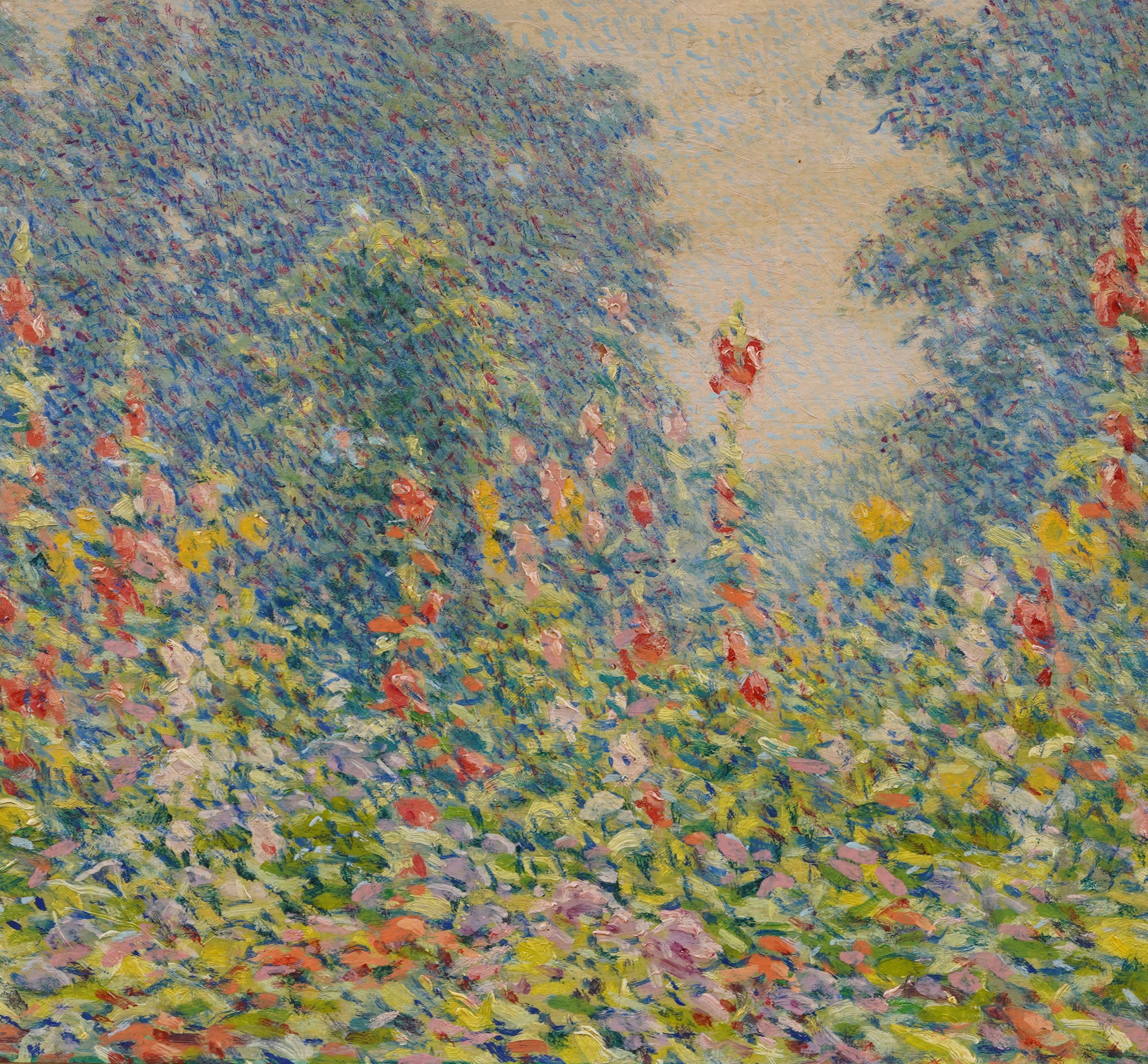 Antiguo cuadro al óleo impresionista americano enmarcado Paisaje de jardín con flores silvestres 1