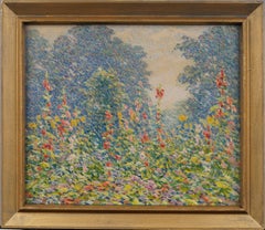 Antiguo cuadro al óleo impresionista americano enmarcado Paisaje de jardín con flores silvestres