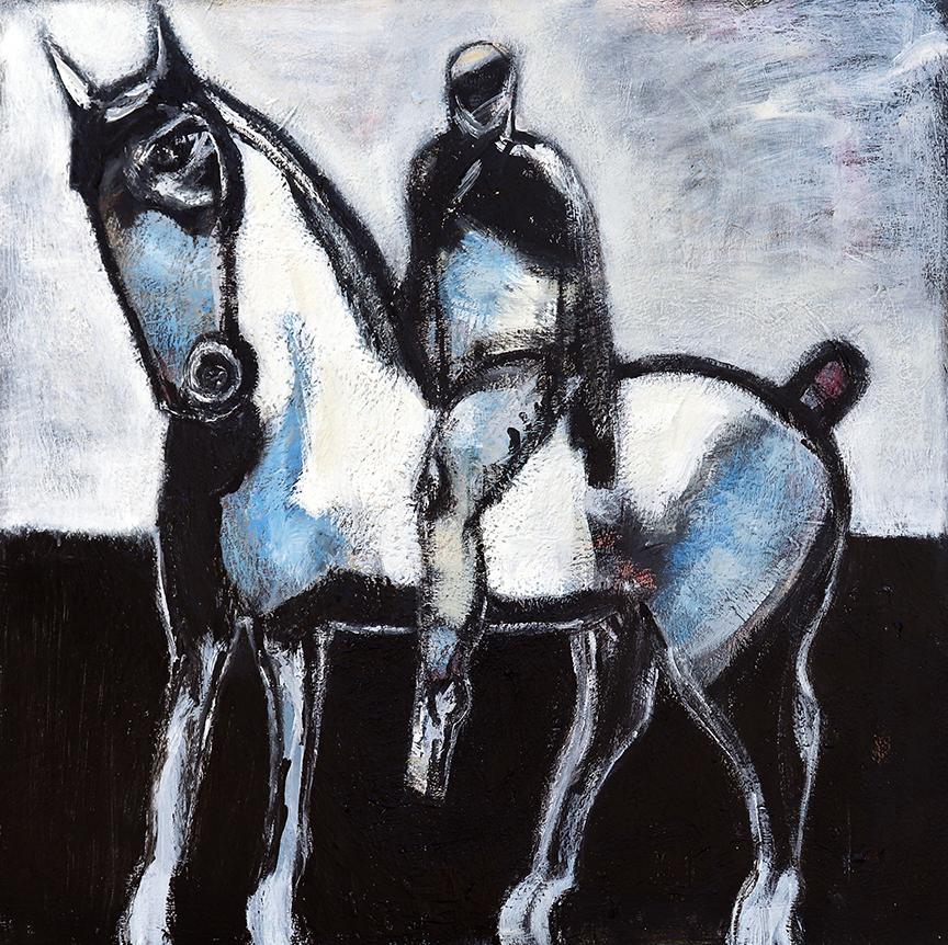 James Koskinas Figurative Painting - Horse and Rider with Blue