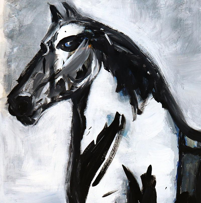James Koskinas_Horse in Blue Field 54 X 56 acrylic on canvas 7800
This large scale painting of a head hints at Picasso.
Both technically accomplished and classically approached, the thick gestural brushstrokes add a fragmented & tactile character to