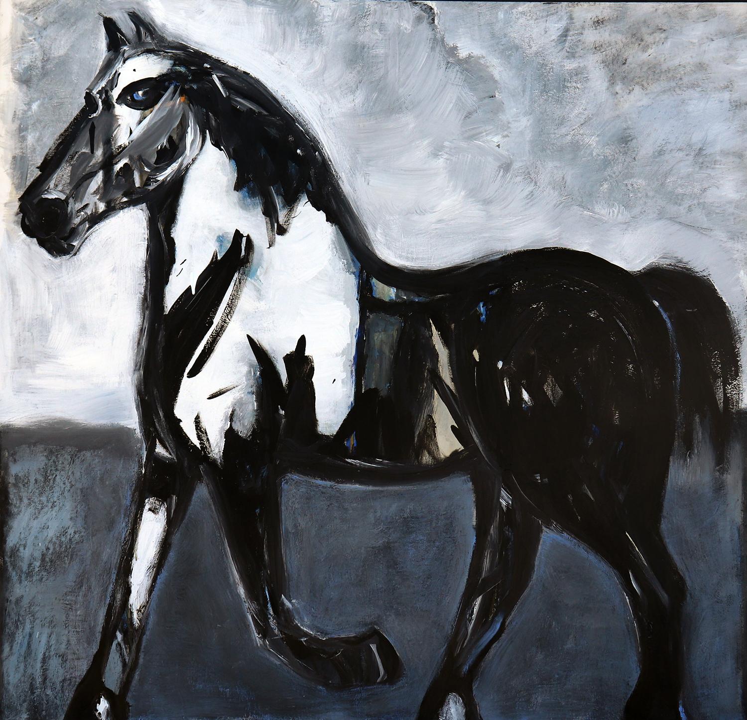 Horse in Blue Field - Painting by James Koskinas
