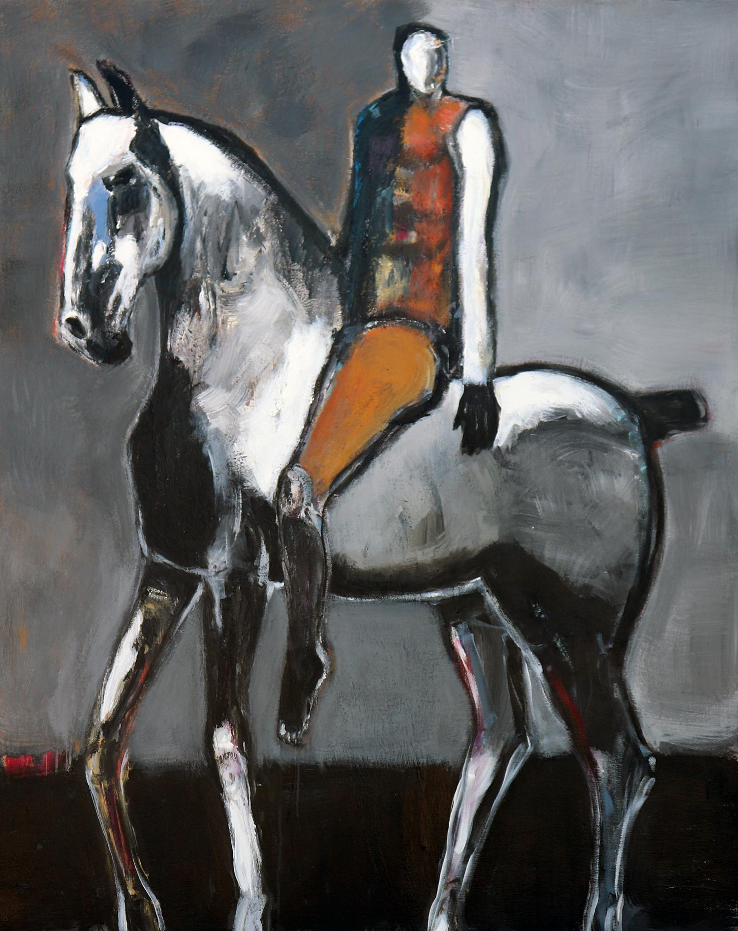 Rider on Gray Horse with Ochre - Art by James Koskinas