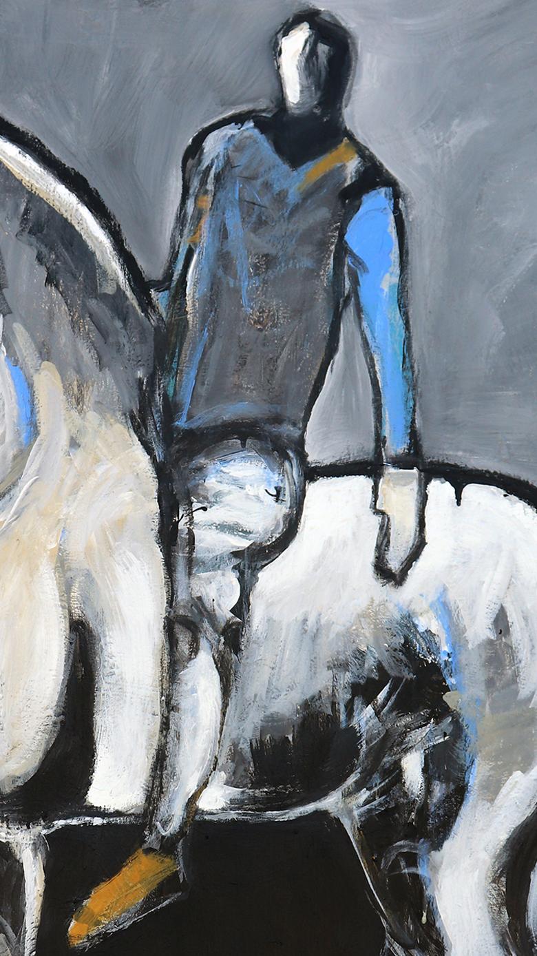 White Horse and Rider with Blue - Cubist Painting by James Koskinas