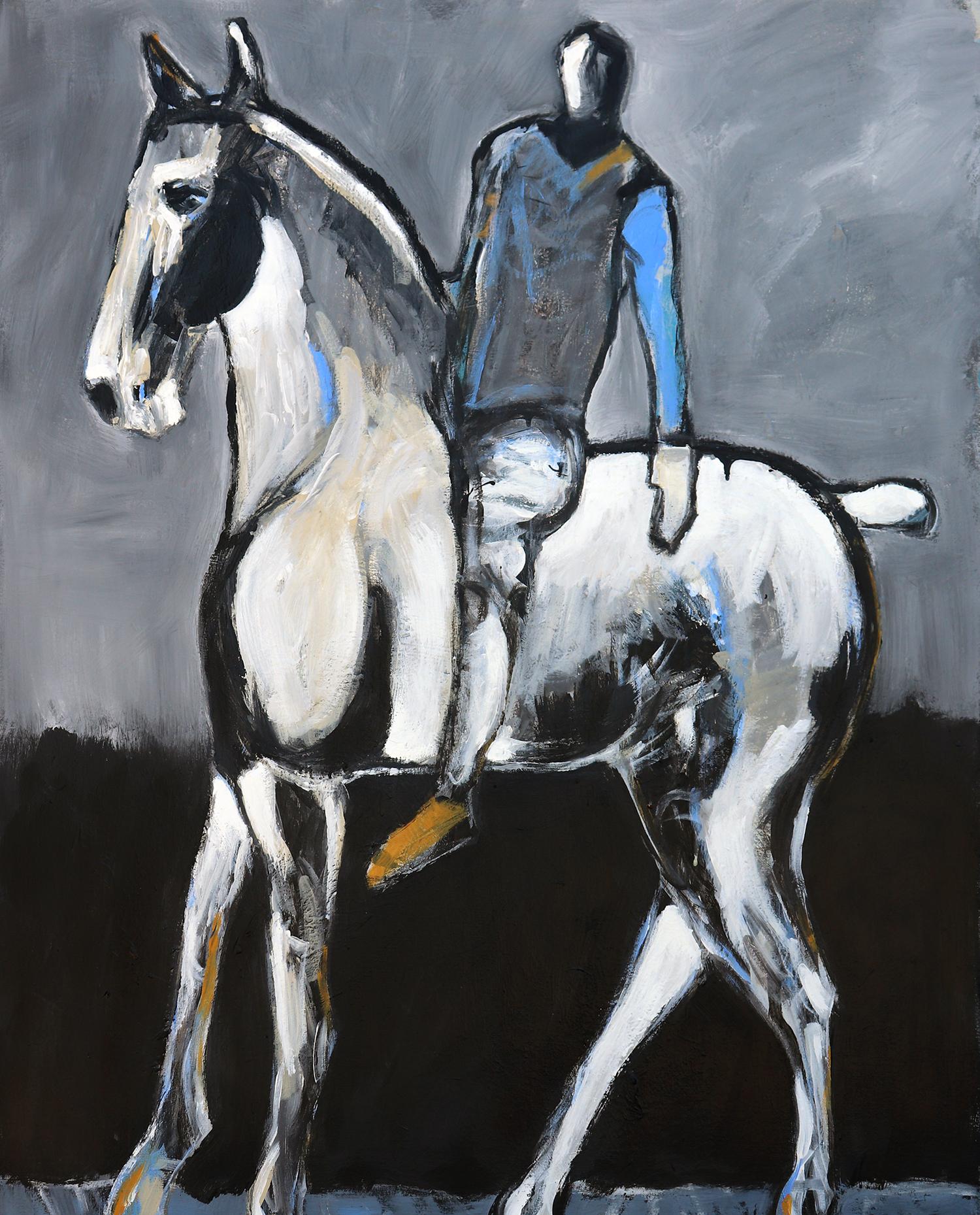 Weißes weißes Pferd und Reiter mit blauem Reiter