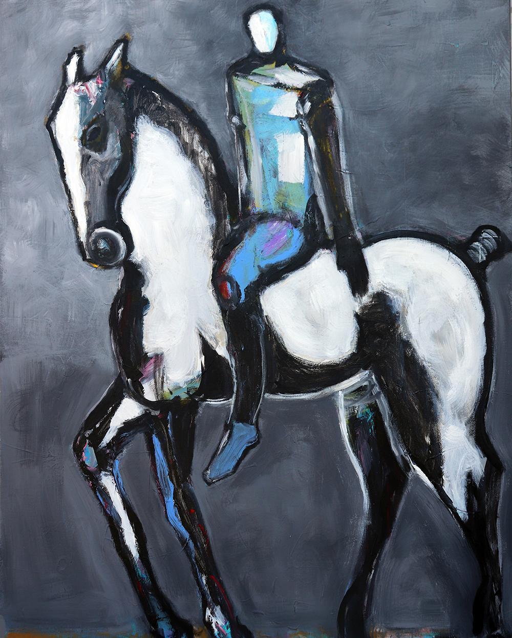 White Horse with Blue & Green Rider - Art by James Koskinas