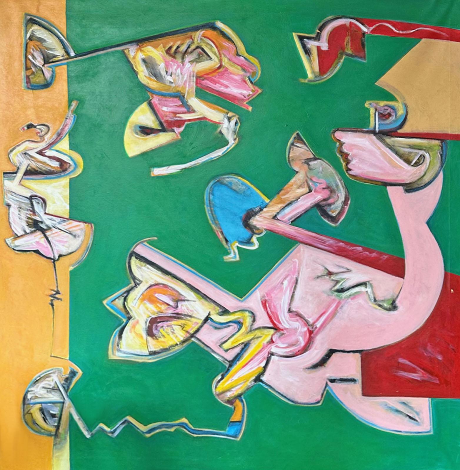 An acrylic on canvas painting by James L. Bruch (1942-2023). This abstract work has a green background punctuated with colorful shapes in pink, red, blue, and yellow. A stripe of yellow accents the painting to the left of the composition. Unsigned,