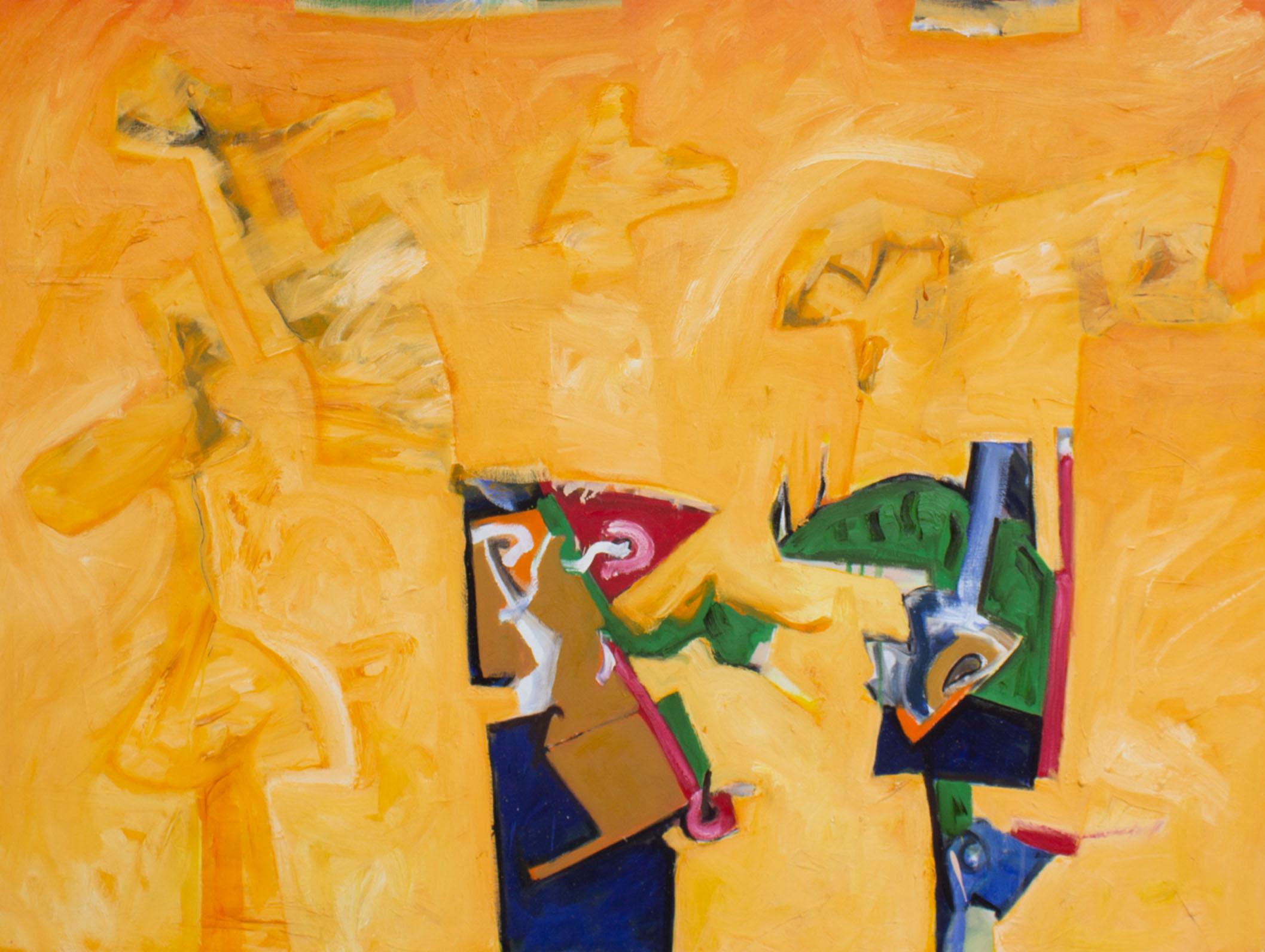 Ein Acryl auf Leinwand des amerikanischen Künstlers James L. Bruch (1942-2023). Dieses abstrakte Werk hat einen dimensionalen orangefarbenen Hintergrund, der von monochromen Tierformen durchschnitten wird. Zwei farbenfrohe und gesprächige abstrakte