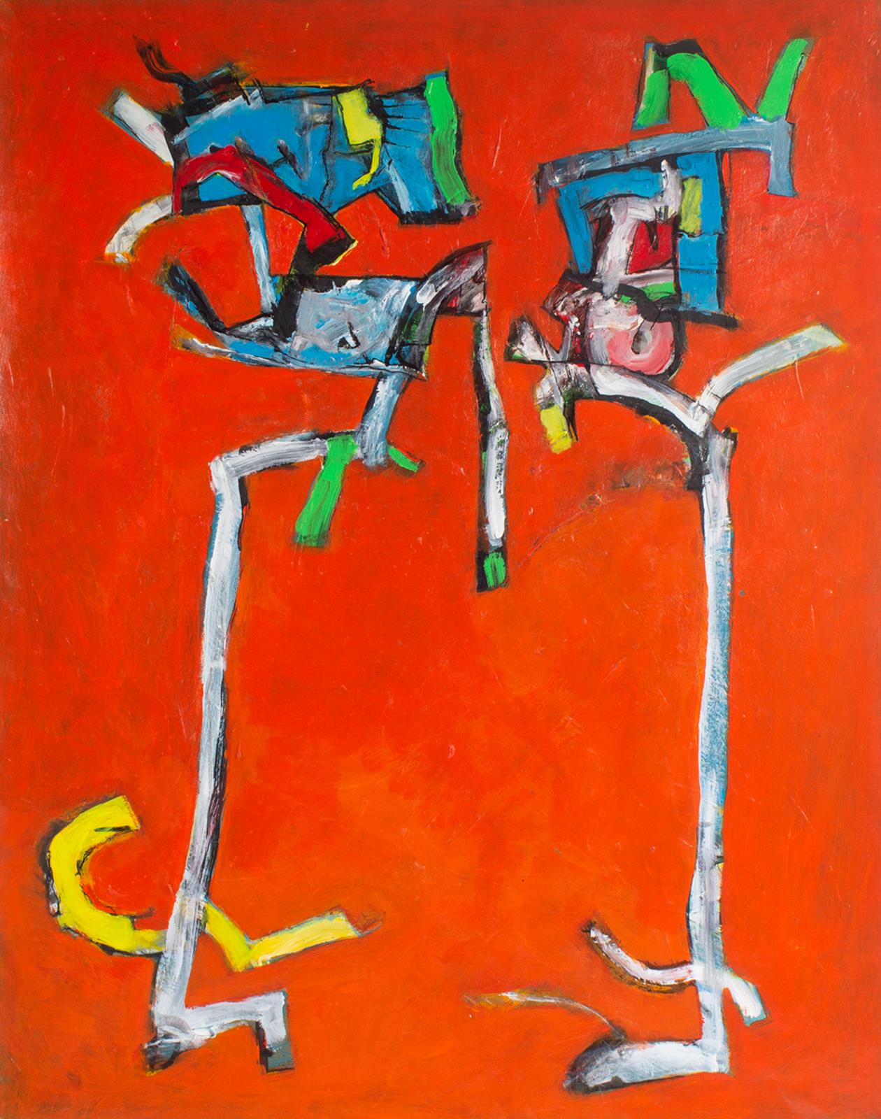 Un dipinto in acrilico su carta dell'artista americano James L. Bruch (1942-2023). Quest'opera astratta ha uno sfondo rosso brillante punteggiato da forme allungate in blu, bianco, giallo e verde. Non firmato, il dipinto reca il timbro della
