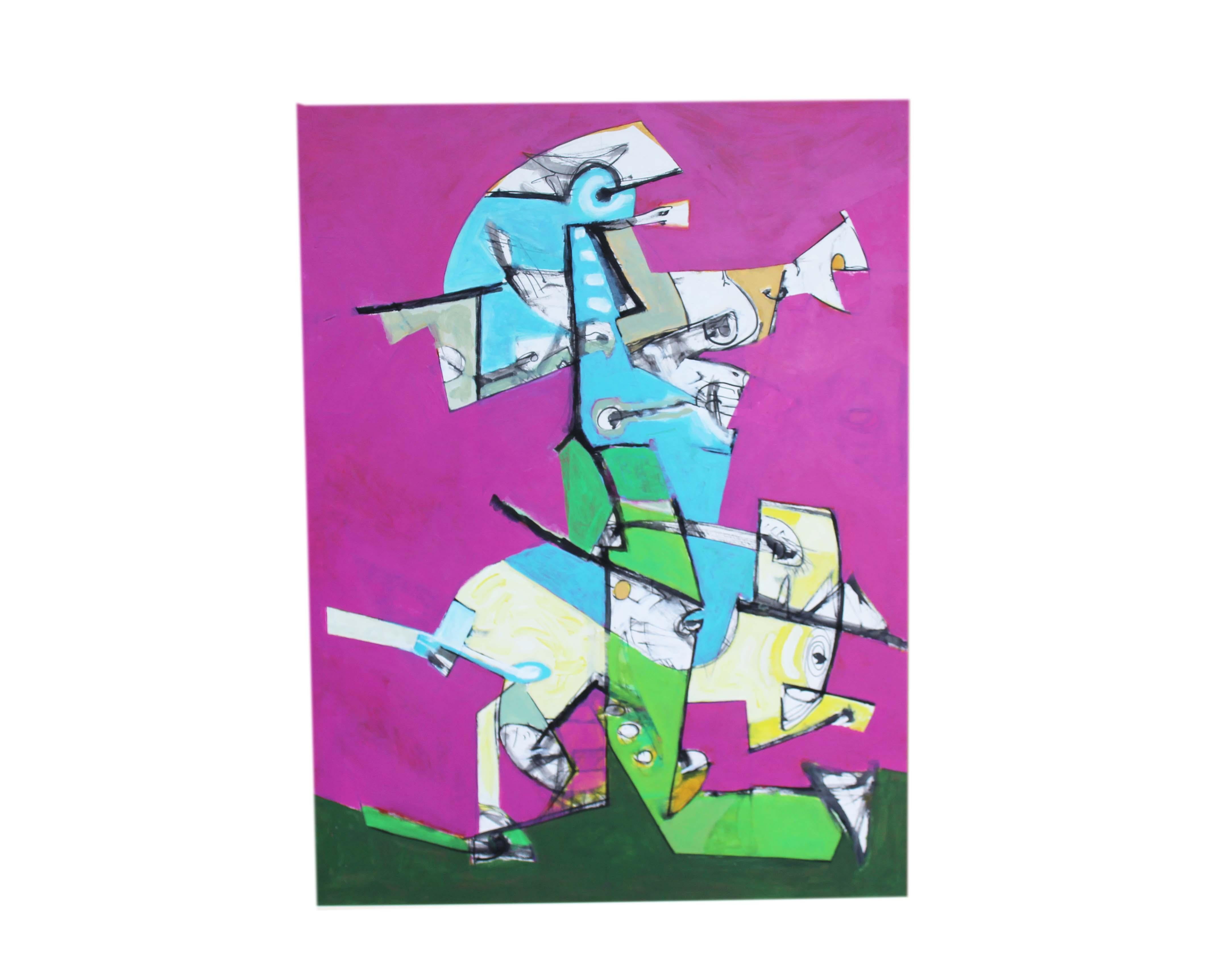 An abstract mixed media painting by American artist James L. Bruch (1942-2023). A figurative shape is contrasted against a bright pink background, in shades of blue, green, gray, orange, black, and white. The painting is displayed in a gold-tone