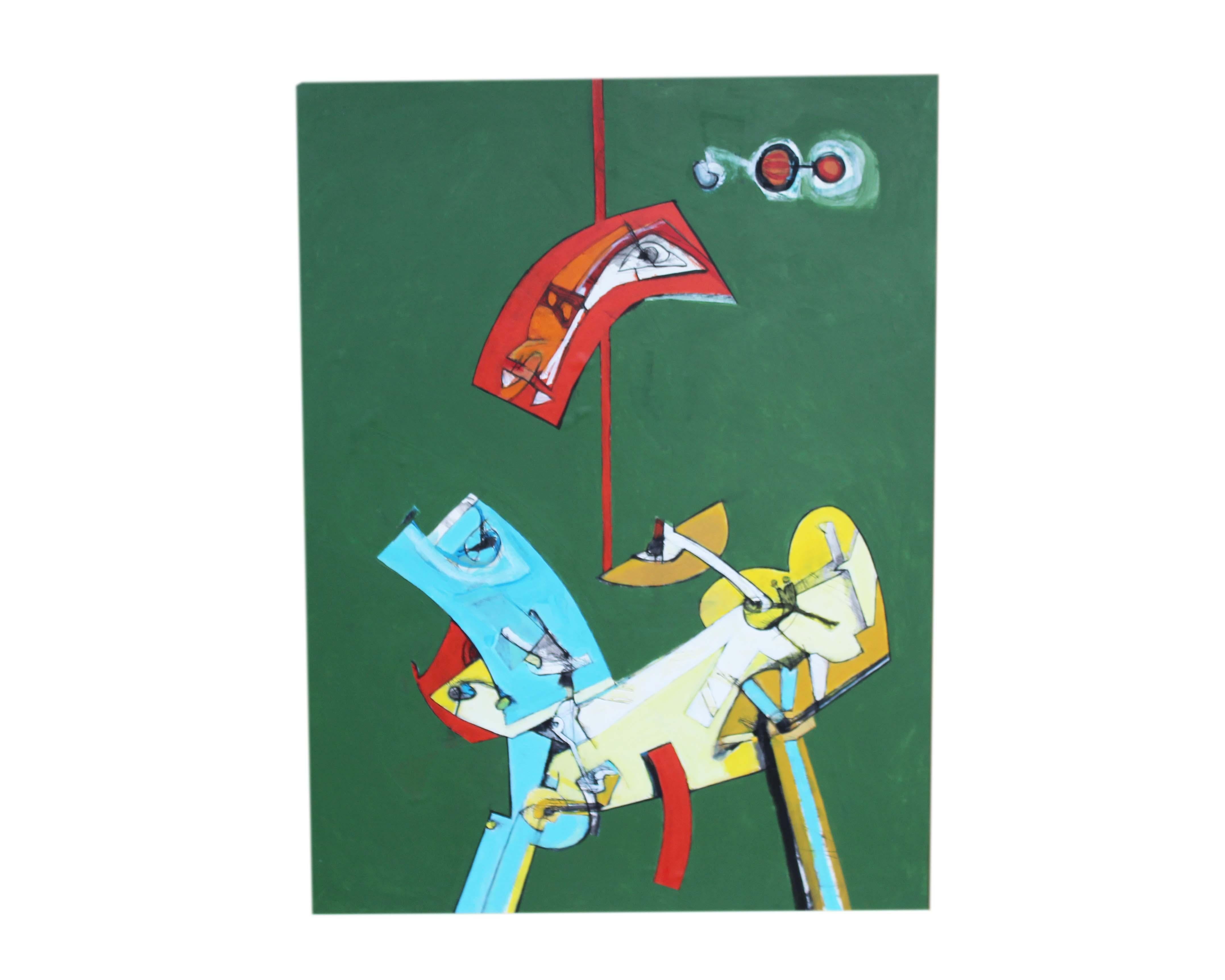 Ein abstraktes Gemälde in Mischtechnik des amerikanischen Künstlers James L. Bruch (1942-2023). Abstrakte Formen in Blau-, Rot-, Orange-, Gelb-, Schwarz- und Weißtönen kontrastieren in diesem lebendigen Werk vor einem grünen Hintergrund. Die Liebe