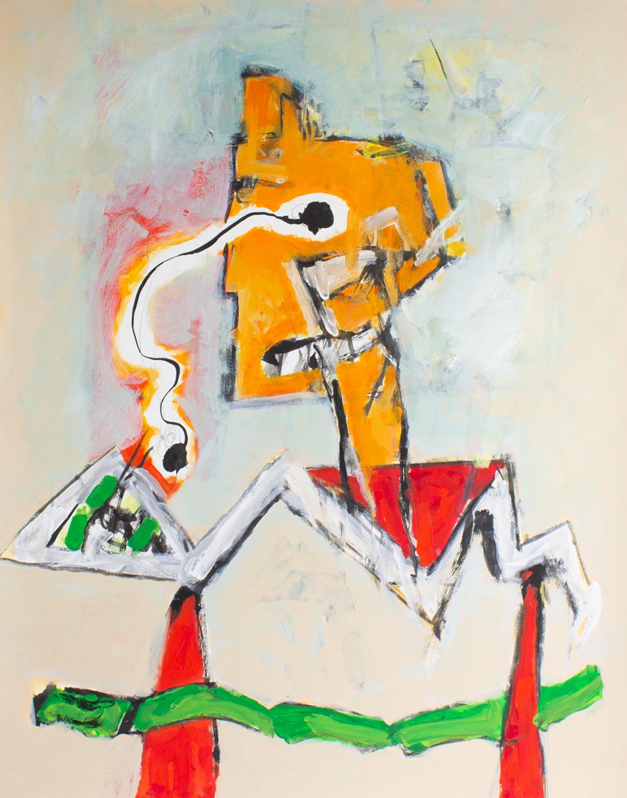 An acrylic and watercolor on paper painting by the American artist James L. Bruch (1942-2023). This colorful work depicts an abstract figure with orange head and red and green body formed from geometric shapes. Unsigned, the work is estate stamped