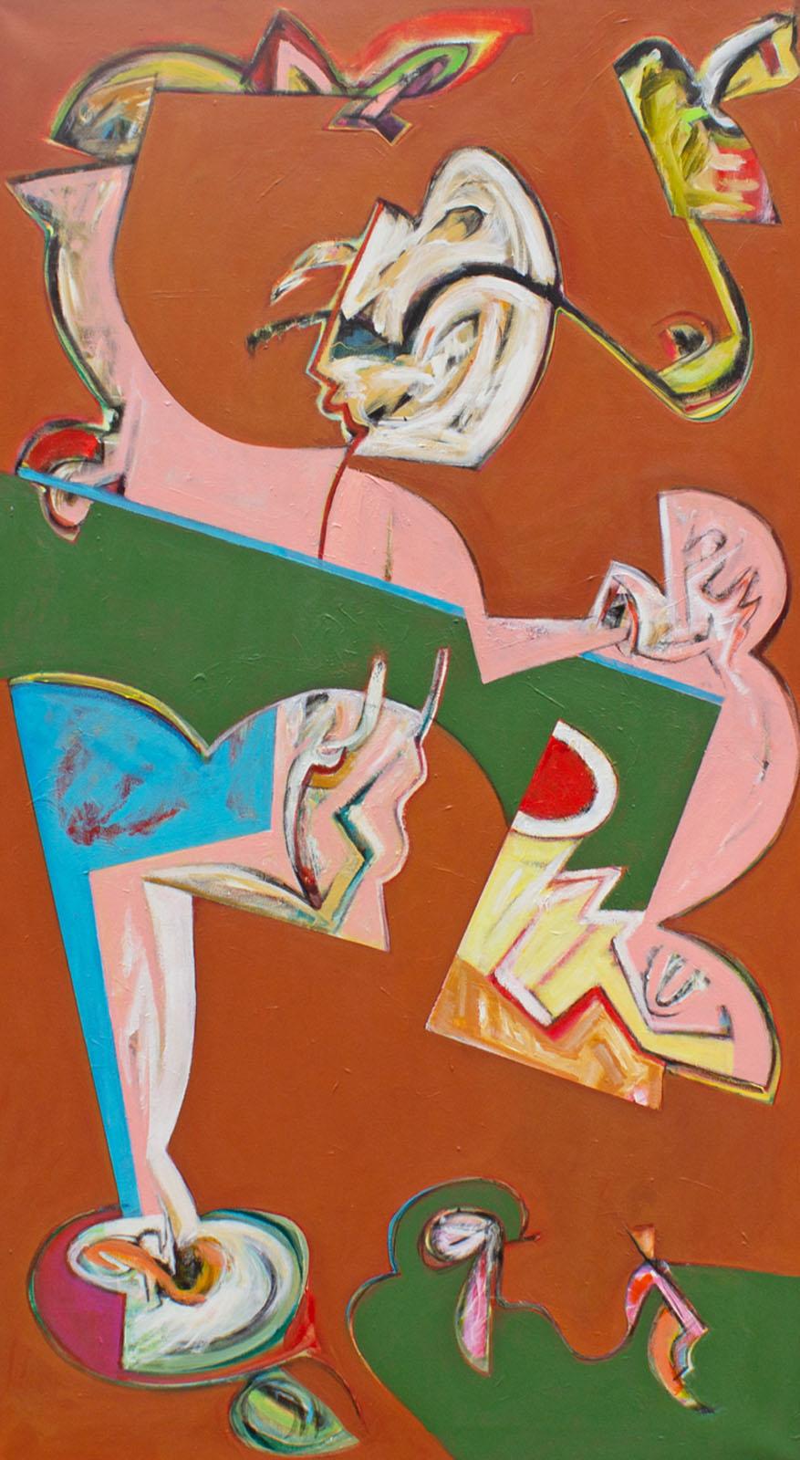 An abstract oil on canvas painting by American artist James L. Bruch (1942-2023). Abstract shapes in pink, blue, yellow, green, and white contrast against the burnt-orange background. The painting is displayed in a brown frame. 

Born in Kenosha,