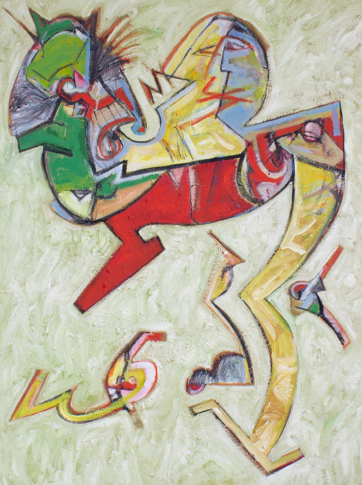 An abstract acrylic on canvas painting of a cat by the American artist James L. Bruch (1942-2023). Green, red, tan, and purple color add texture and dimension to this depiction of a whimsical cat and accompanying objects against a greenish white