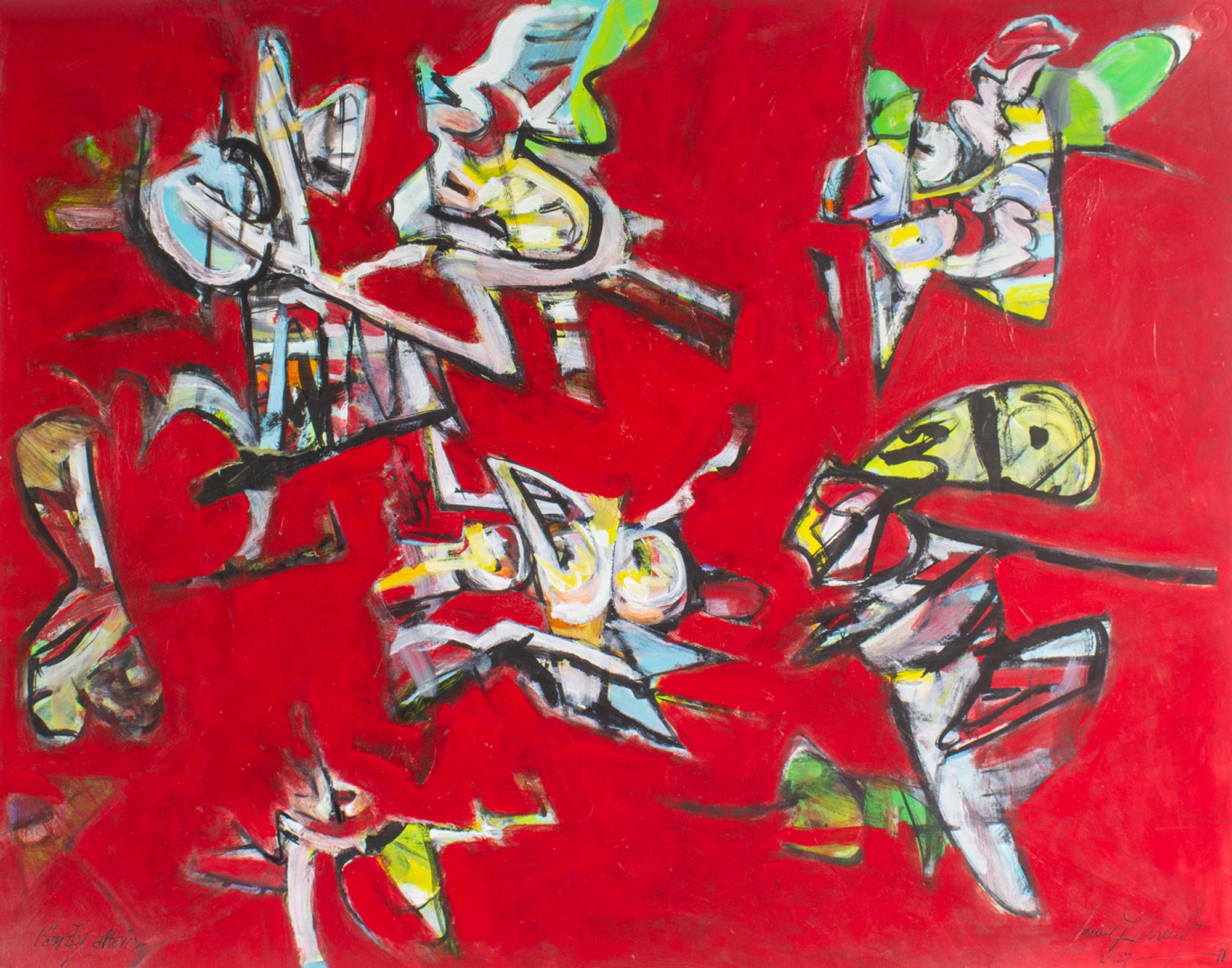 A 2010 mixed media on paper painting by the American artist James L. Bruch (1942-2023). Titled Family Affair, this abstract work has a deep red background punctuated by colorful shapes in green, blue, yellow, and white. Signed and dated to the lower