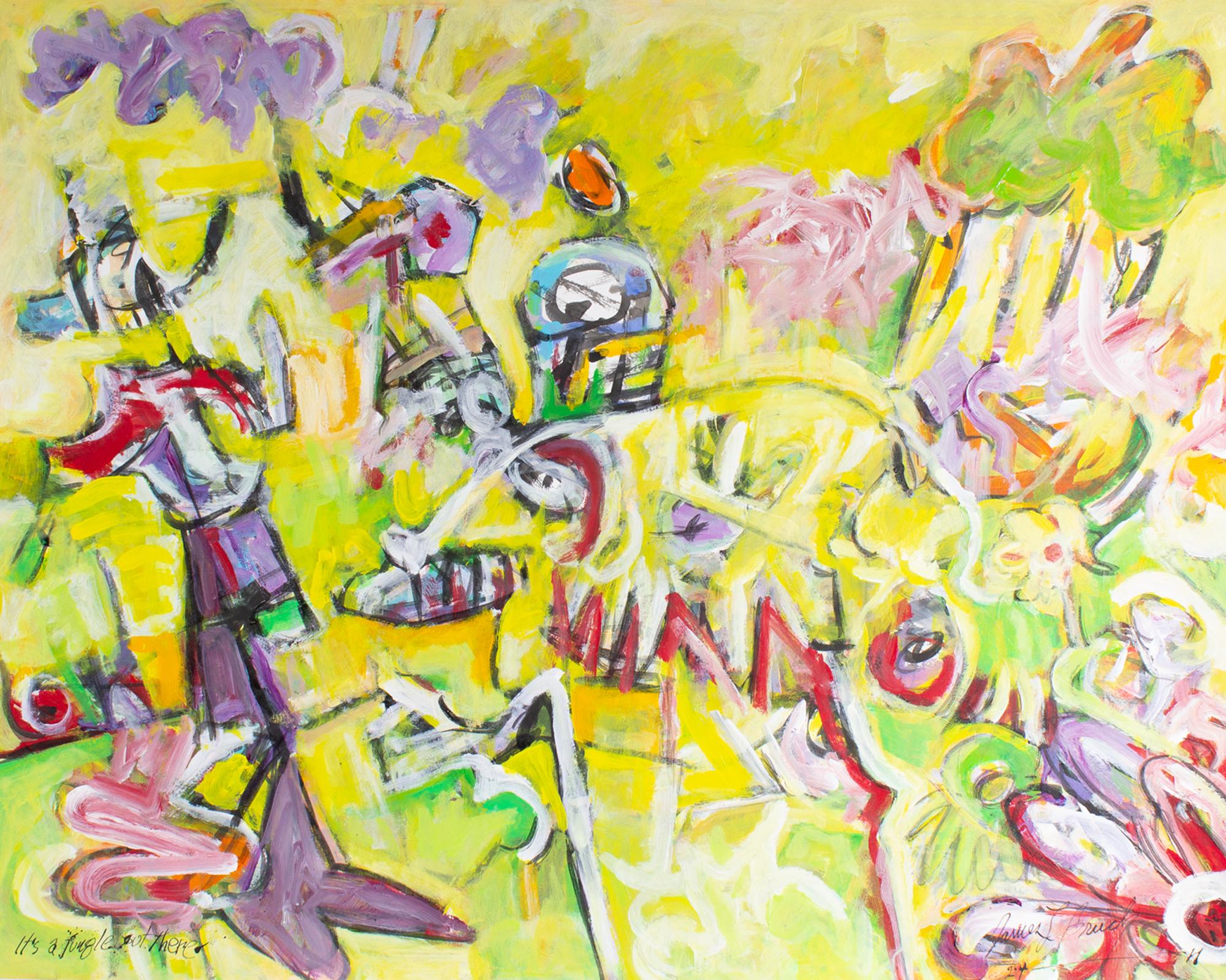 A 2011 acrylic and watercolor painting on paper by the American artist James L. Bruch (1942-2023). Titled It's a Jungle Out There, this abstract work depicts a vibrant landscape filled with green plants and colorful flowers and creatures. Signed and