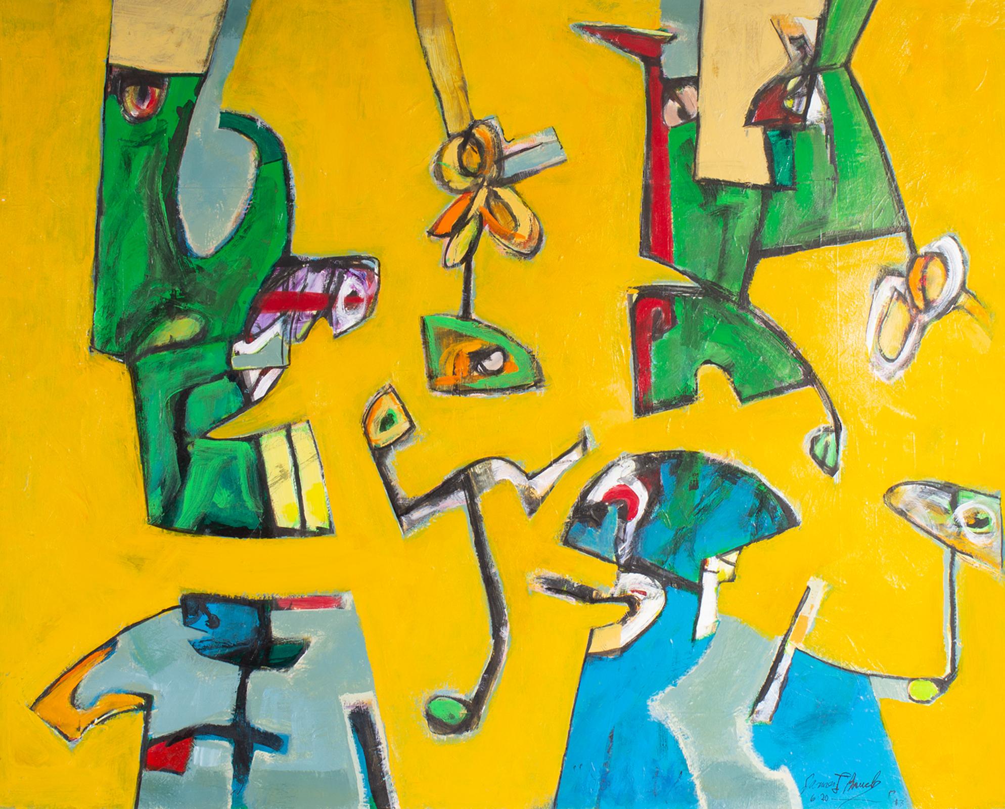 Ein Gemälde des amerikanischen Künstlers James L. Bruch (1942-2023) aus dem Jahr 2013, Acryl auf Papier. Ein leuchtend gelber Hintergrund wird in diesem farbenfrohen abstrakten Gemälde von lebhaften biomorphen blauen, grünen, roten und grauen Formen