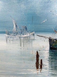 Large Marine Landscape Oil on Canvas Painting with Boats at a Dock, Signed