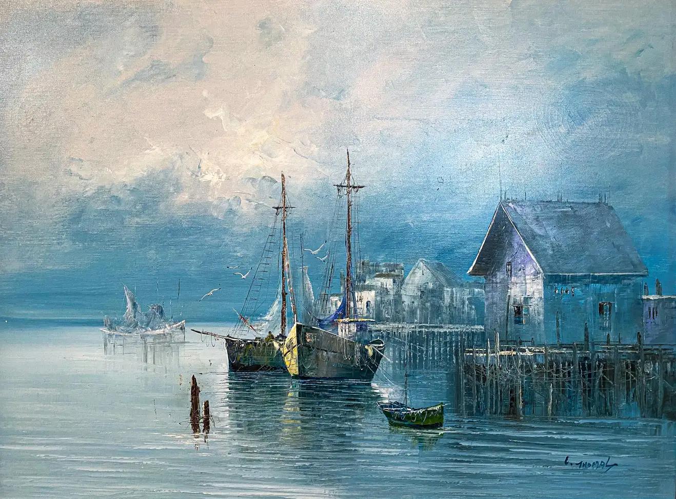 Large Marine Landscape Oil on Canvas Painting with Boats at a Dock, Signed - Gray Landscape Painting by James L. Thomas