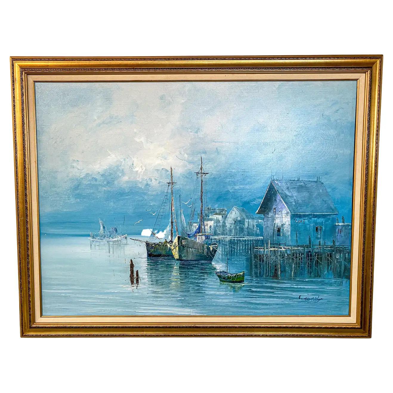 James L. Thomas Landscape Painting - Large Marine Landscape Oil on Canvas Painting with Boats at a Dock, Signed