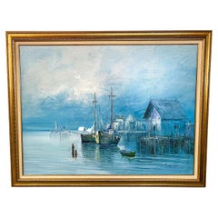 Grande peinture à l'huile sur toile de paysage maritime représentant des bateaux dans un quai, signée