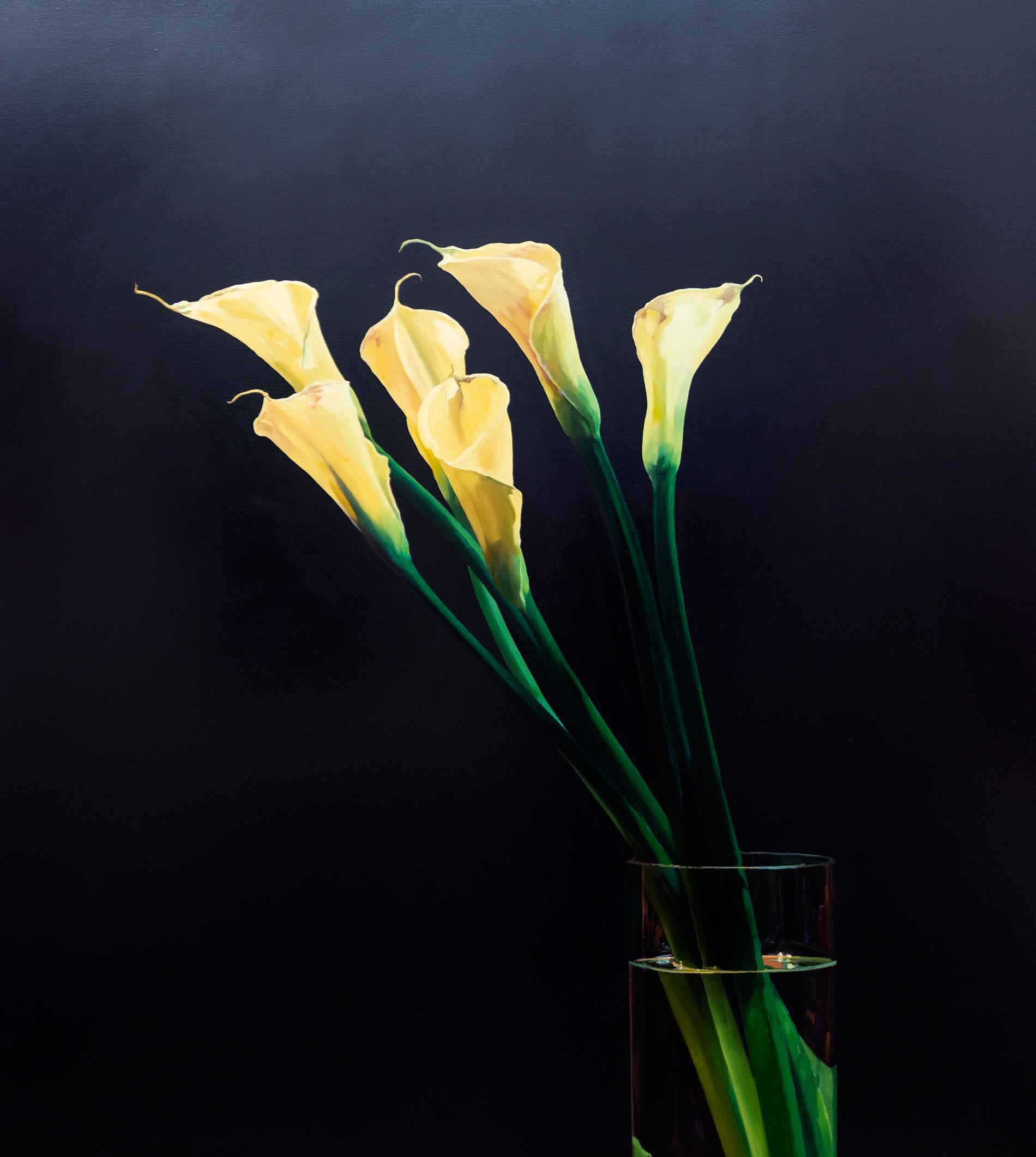 Calla Lily - lush, dark, detailed, realist, floral, still life, oil on canvas - Contemporary Painting by James Lahey