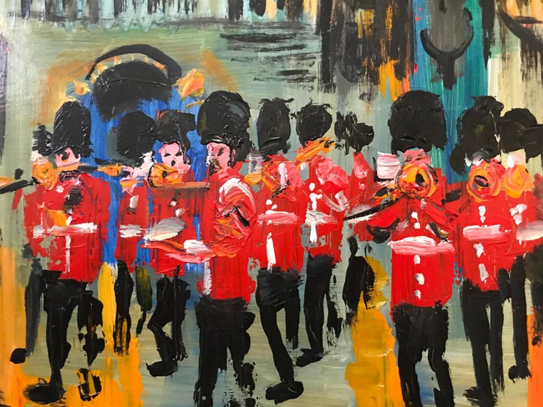 Painted James Lawrence Isherwood 'British' Oil Guards Band Buckingham Palace, Circa 1970 For Sale