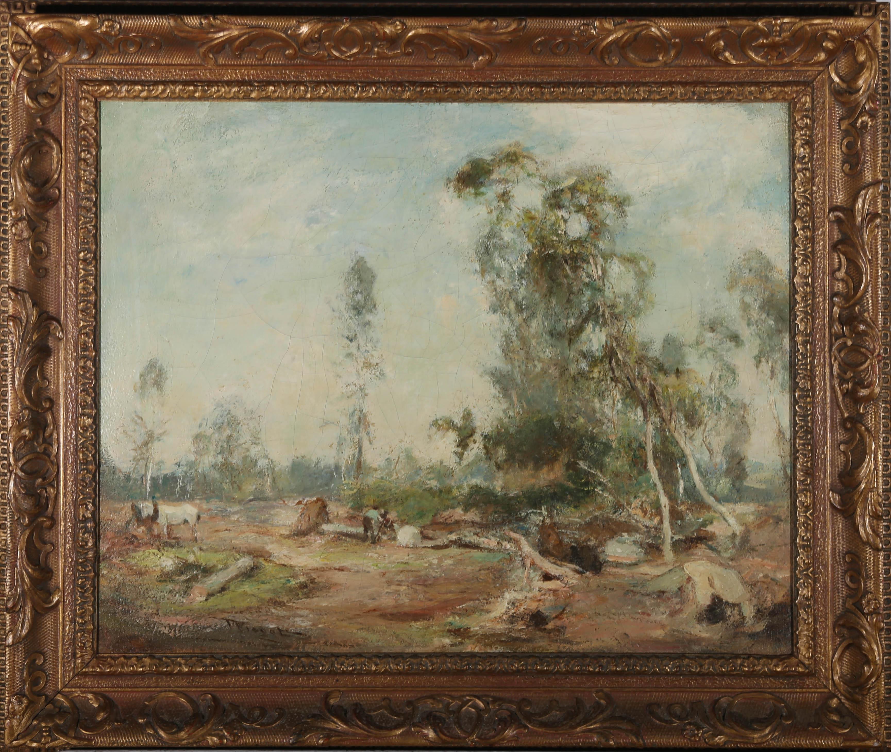 This fine oil study depicts woodcutters hard at work in a forest setting. Painted in the artist's signature impressionist style capturing the idyllic British countryside. Using a muted colour palette, Wingate gives the scene a soft haze, creating a