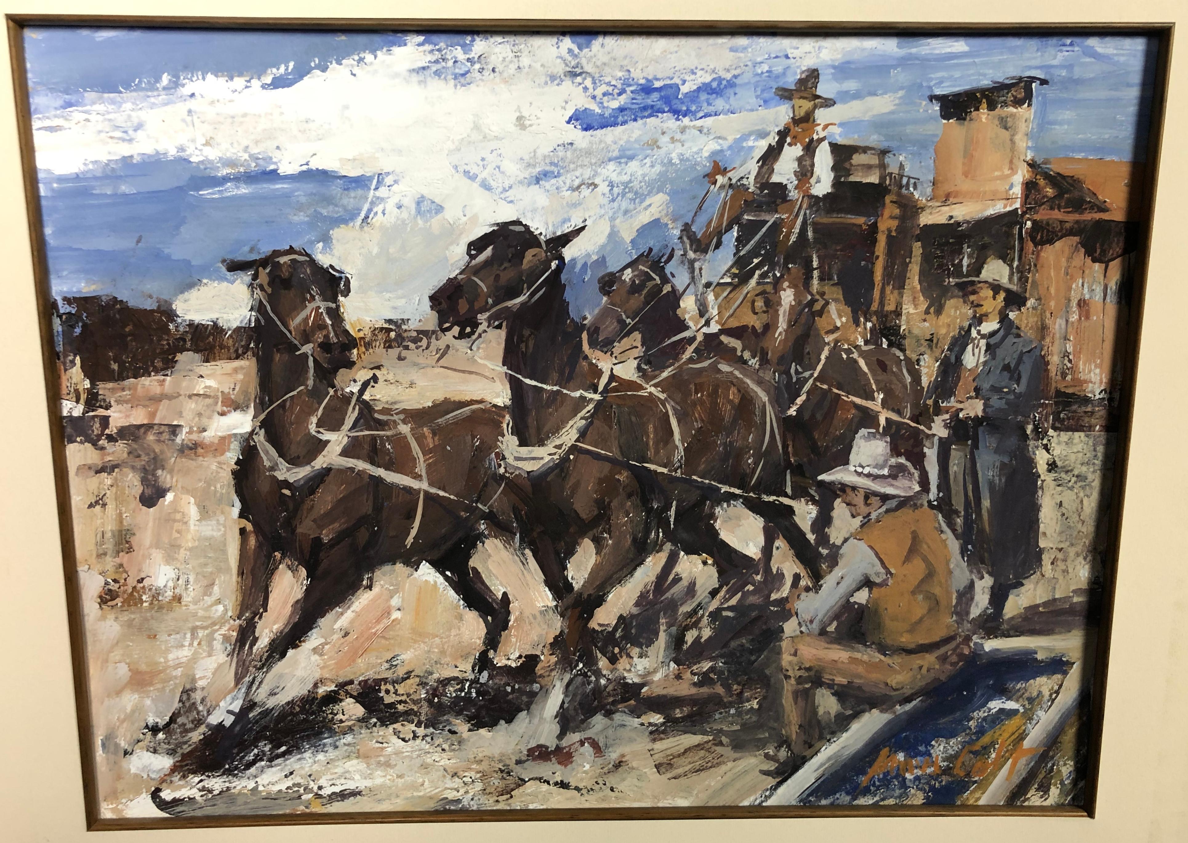 Artwork by American Western artist James Lee Colt (1922-2005 Palm Springs, CA)
Original signed gouache watercolor painting featuring cowboy stagecoach scene by American Western Artist James Colt.
Titled 