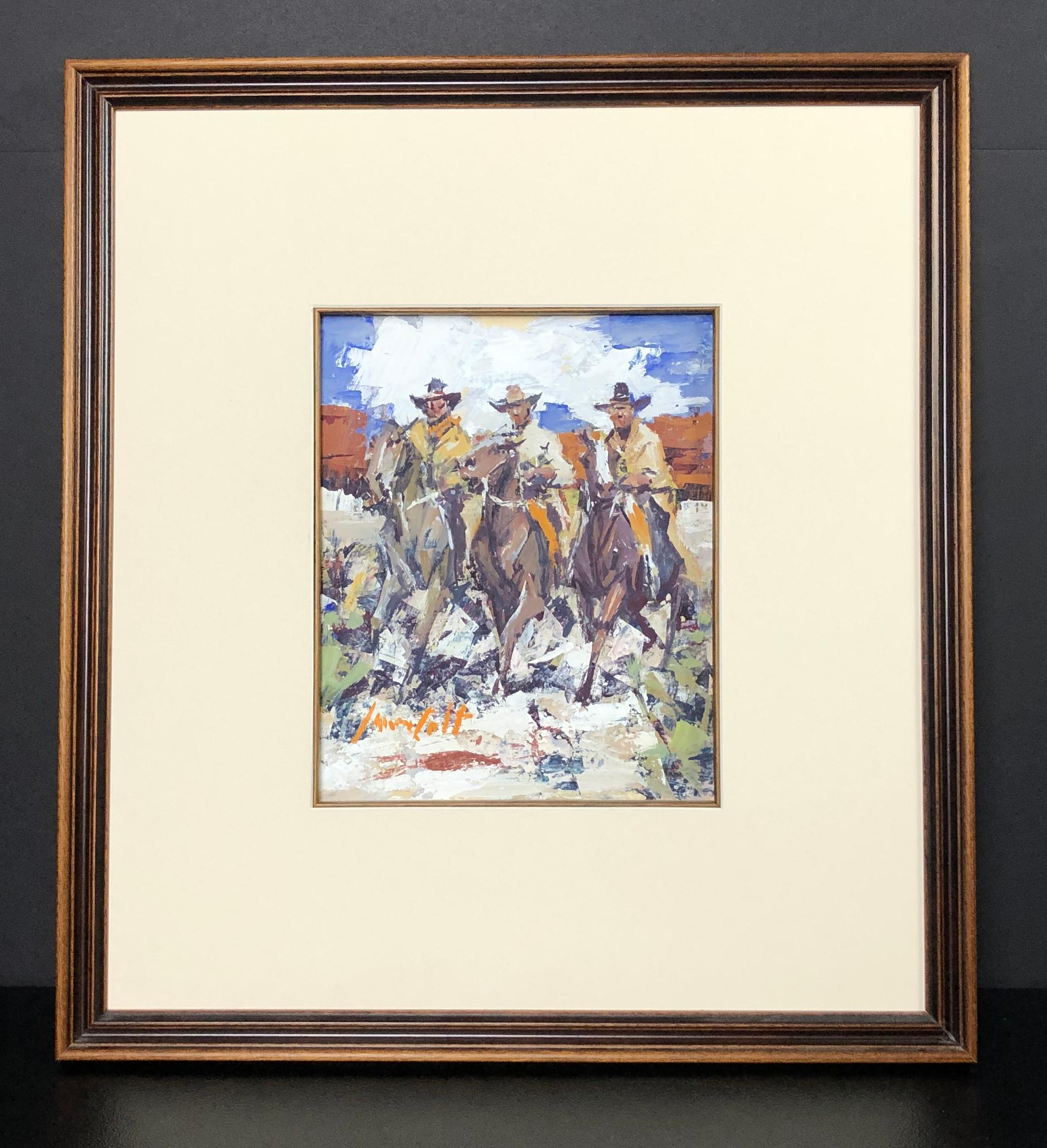 Watercolor by American Western artist James Lee Colt (1922-2005 Palm Springs, CA)
Original signed gouache watercolor painting featuring cowboy scene by Western Artist James Colt.
Three cowboys on horse back.
Signed lower left.
Info on the artist on