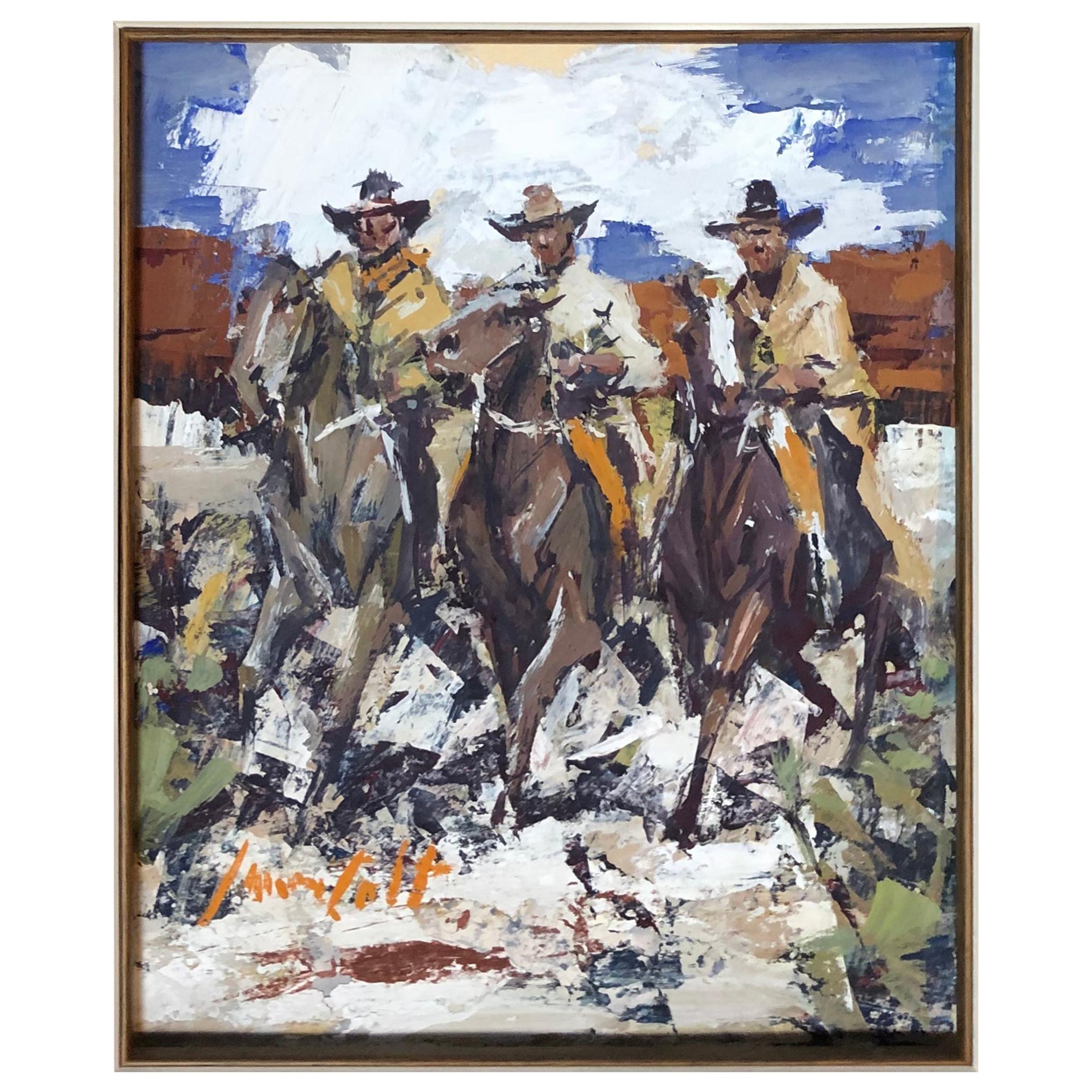 American Western Watercolor By James Lee Colt "Cowboys" For Sale