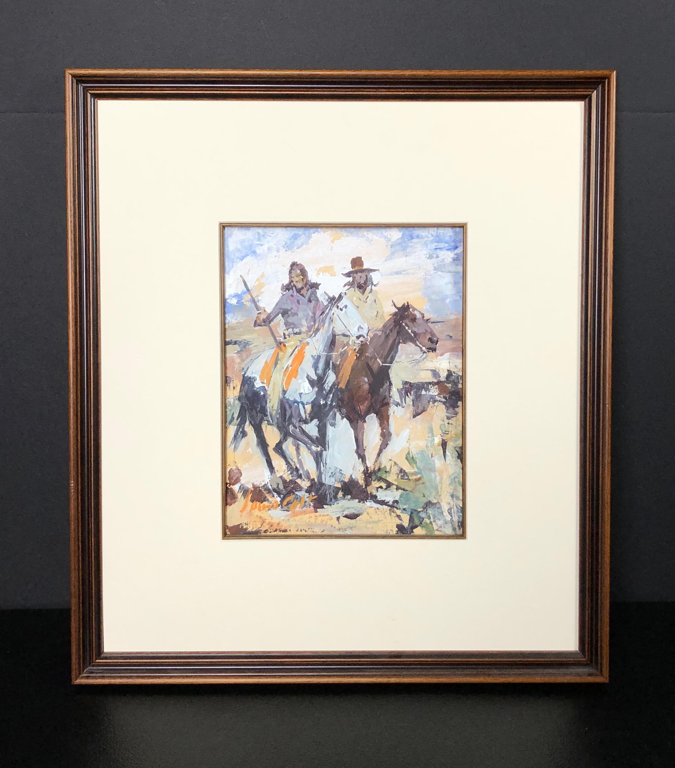Western artist James Lee Colt (1922-2005) California
Original signed gouache watercolor painting featuring western scene.
Cowboy and Indian mounted on horse back.
Signed lower left. James Lee Colt (1922-2005)Palm Springs Back of frame has mounted