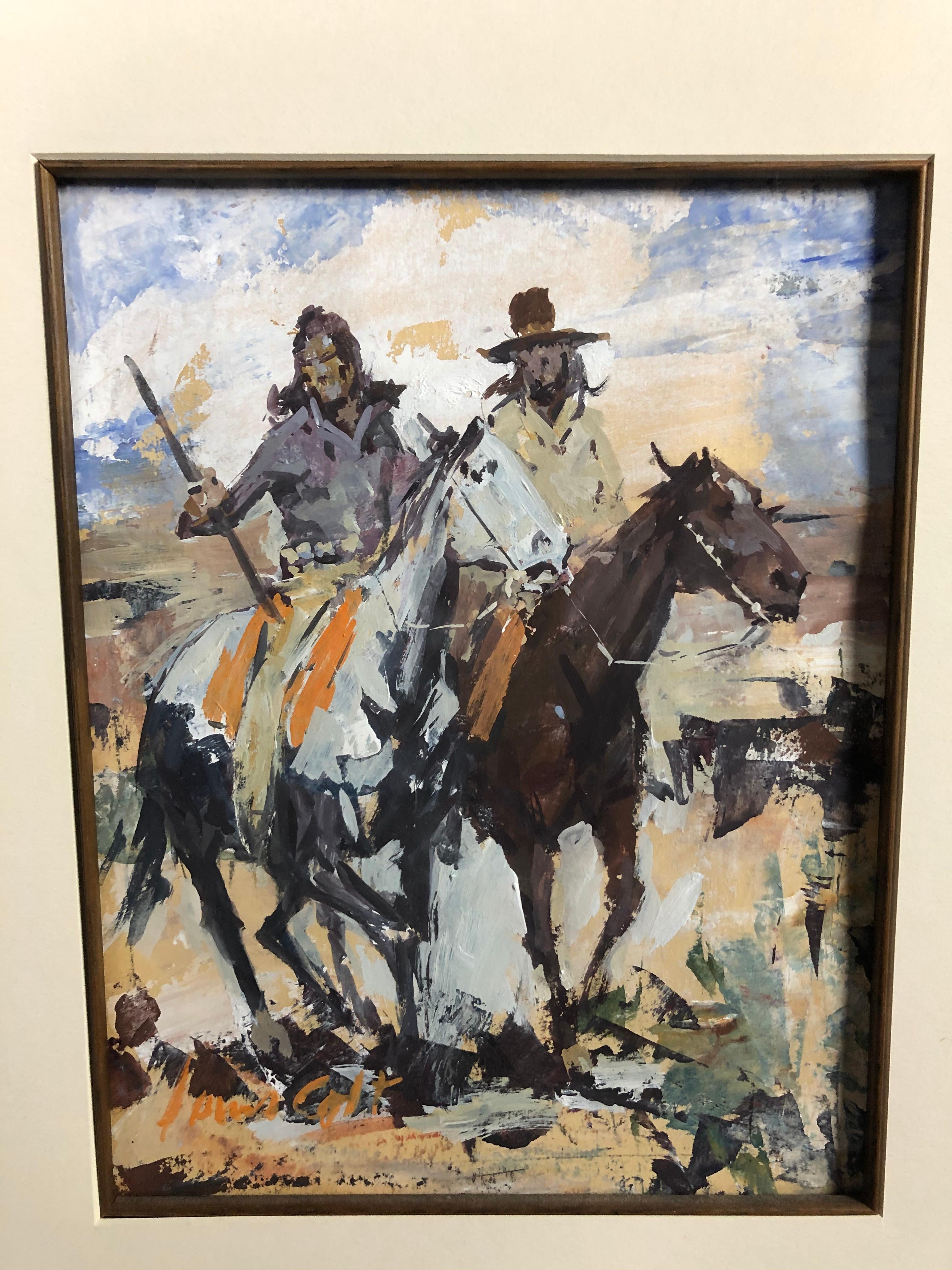 Americano James Lee Colt Immagine western W/C Gouache Cowboy e indiano a cavallo in vendita