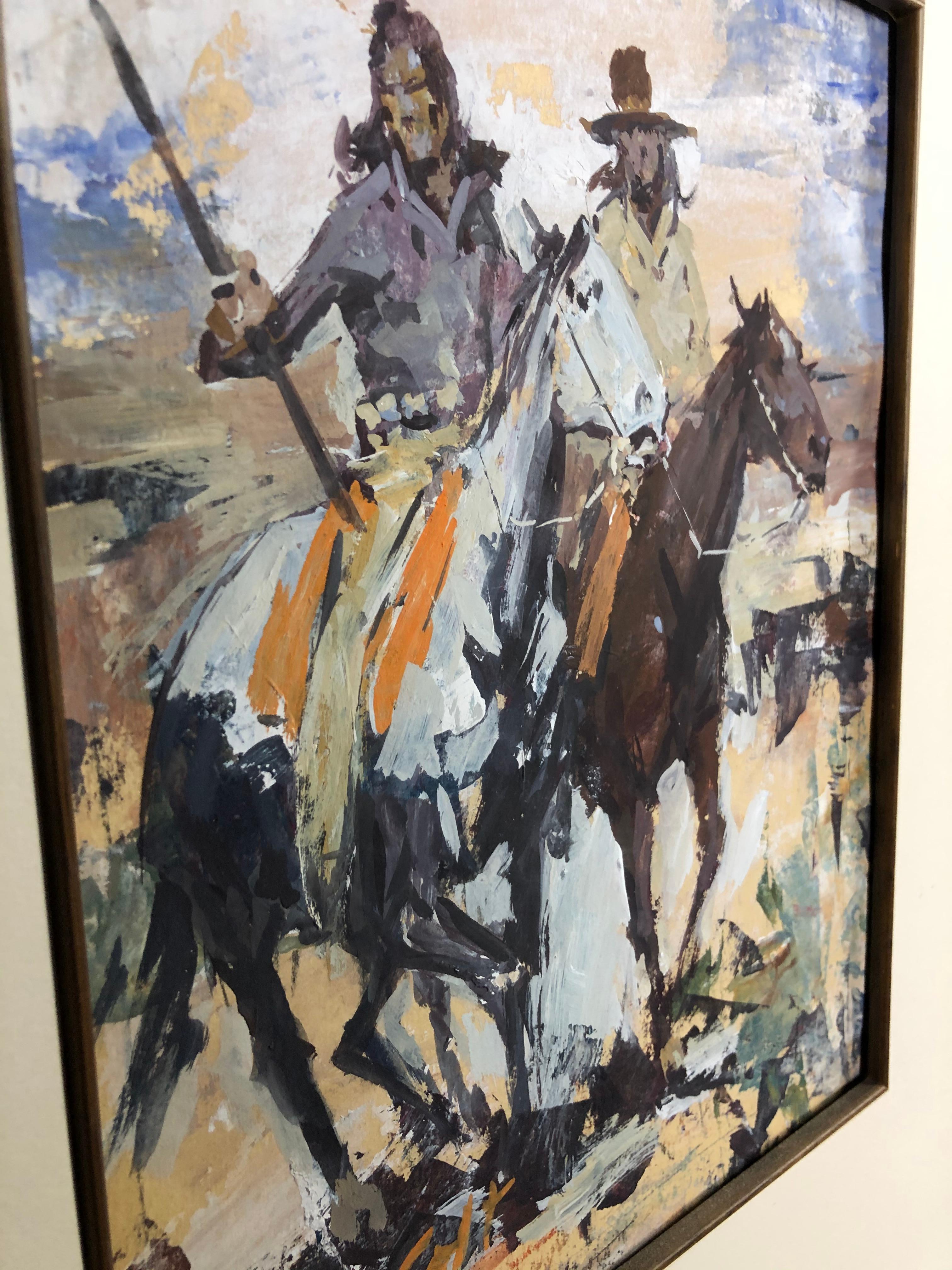 American James Lee Colt Western Image W/C Gouache Mounted Cowboy And Indian For Sale
