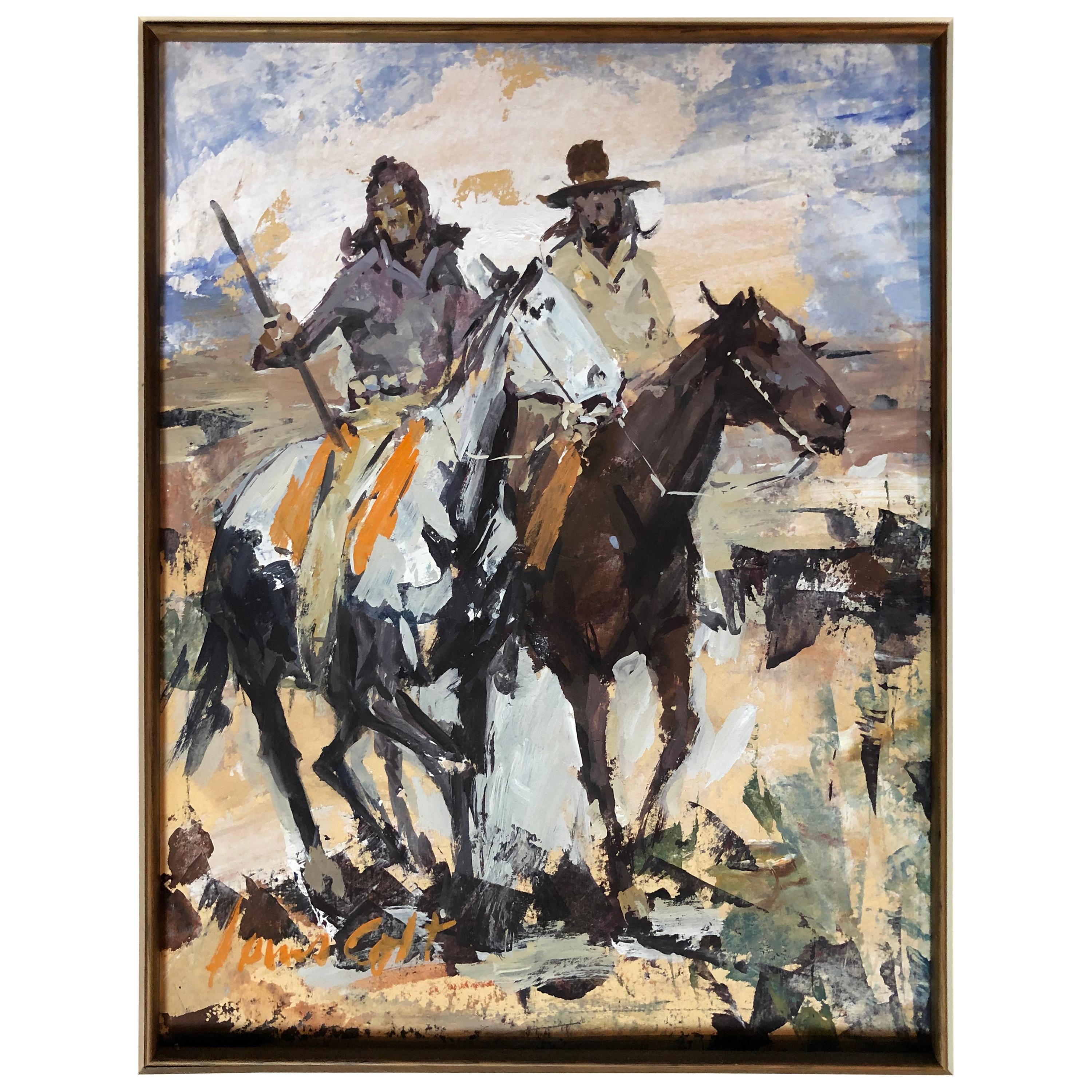 James Lee Colt Western Image W/C Gouache Mounted Cowboy And Indian
