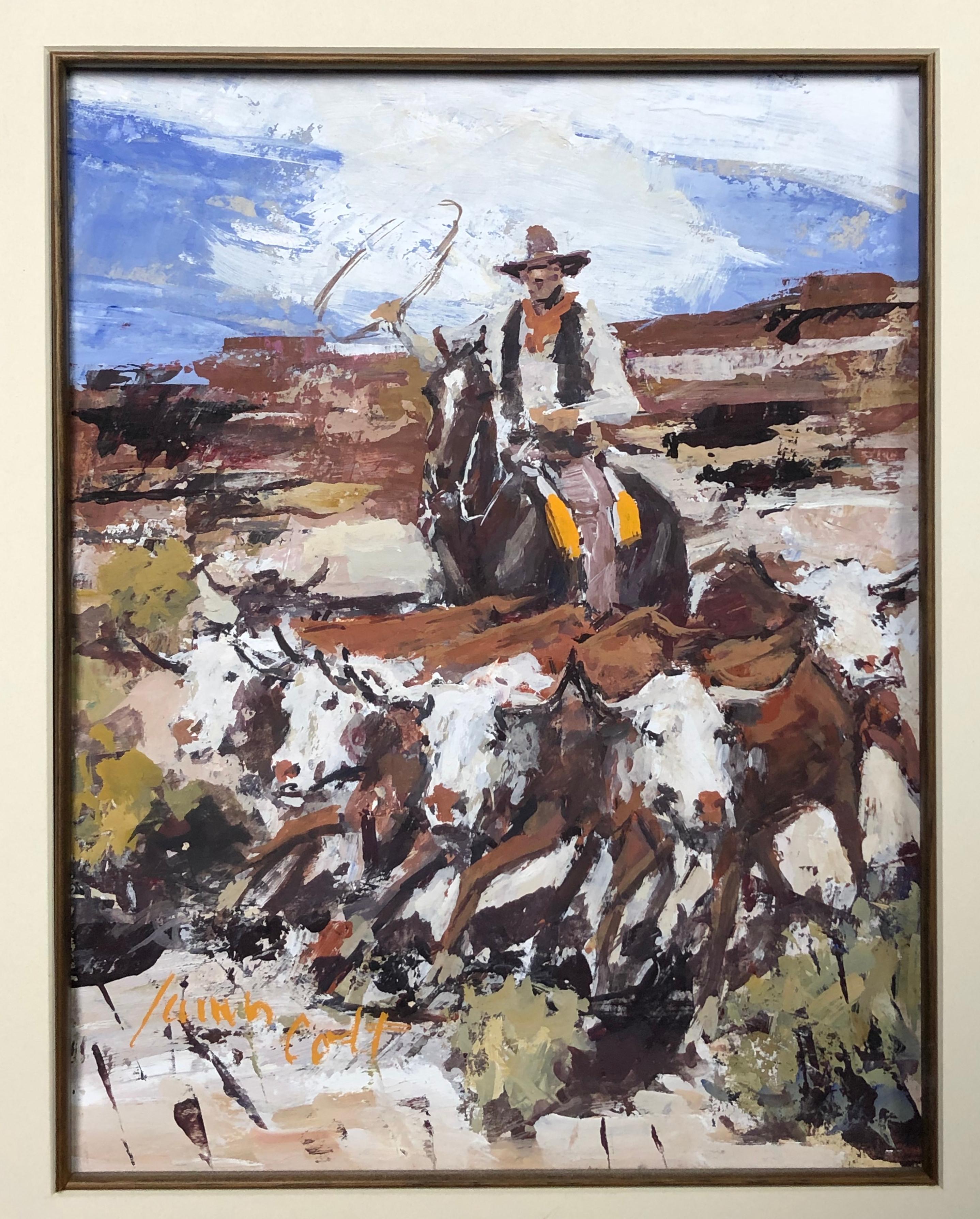 Watercolor gouache by American Western artist James Lee Colt (1922 - 2005 Palm Springs, CA)
Original signed gouache watercolor painting featuring cowboy scene by Western Artist James Colt. 
Cowboy on horse following cattle. 
Signed lower left. 
Back
